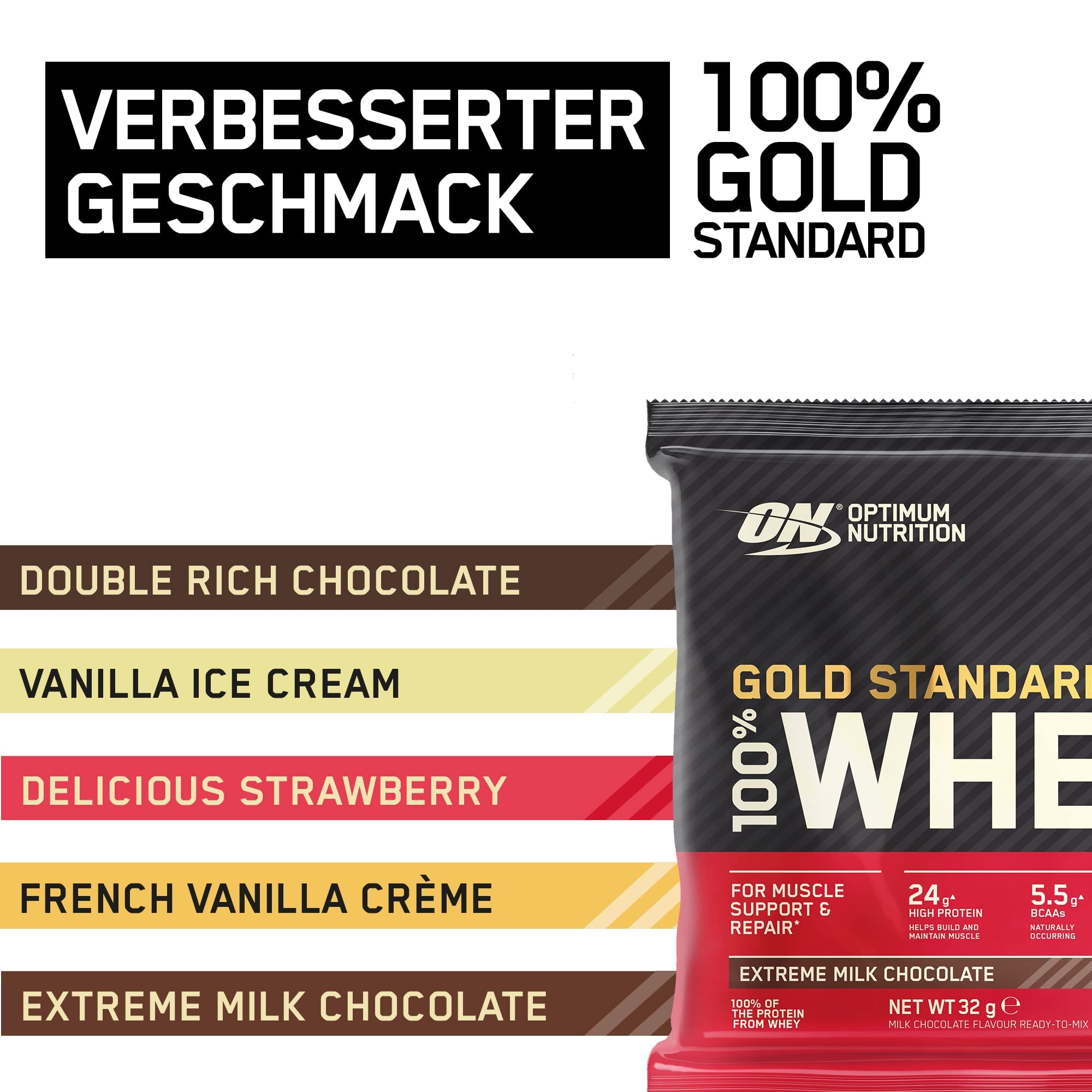 Optimum Nutrition Gold Standard 100% Molkenproteinpulver für Muskelaufbau und -regeneration mit natürlich vorkommendem Glutamin und BCAA-Aminosäuren, Extreme Milk Chocolate, 24 Packungen, 24 x 32g