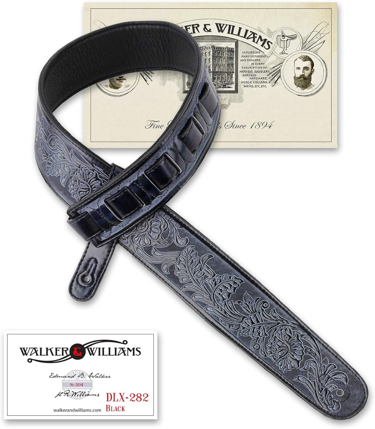 Walker & Williams DLX-282 Handmade Brushed Black Padded Guitar Strap with Embossed Tooling For Acoustic, Electric, And Bass Guitars
