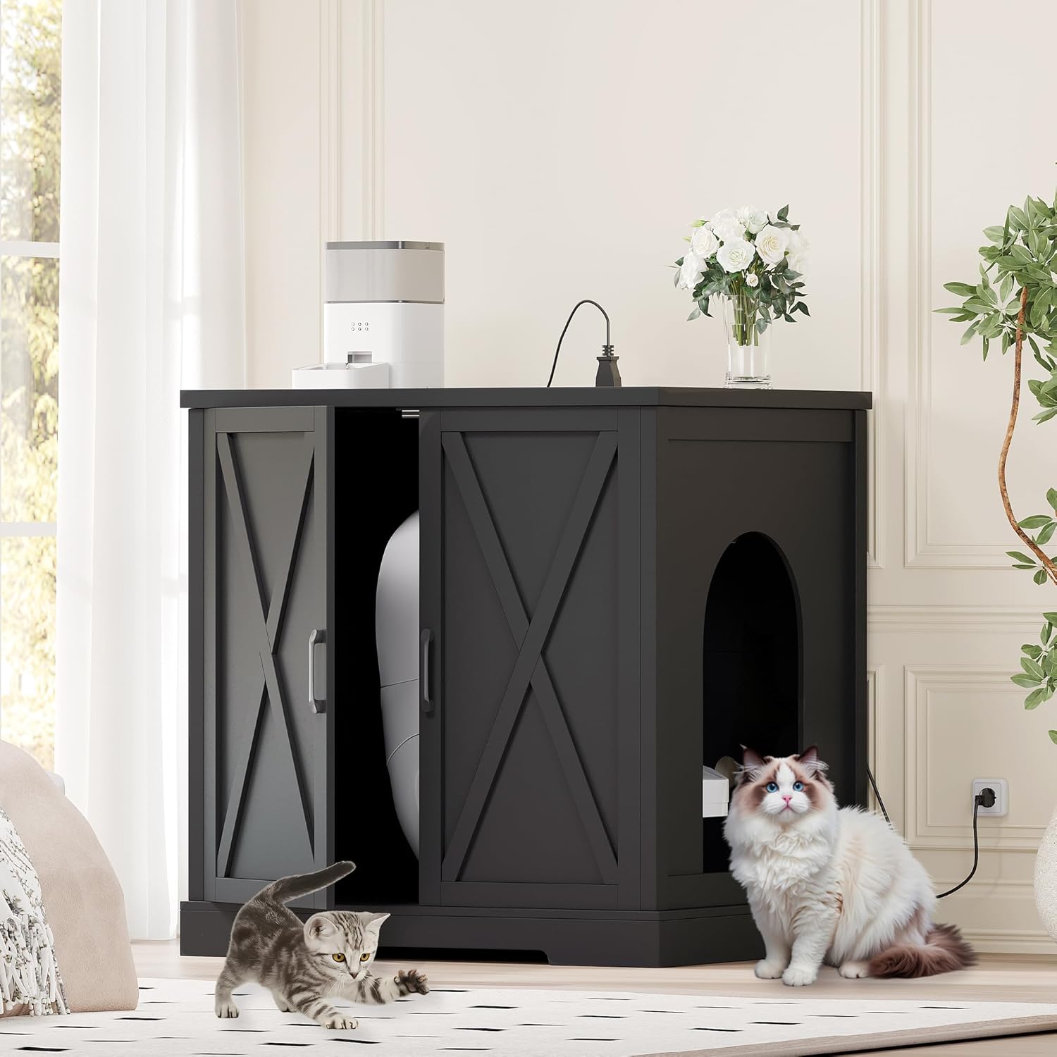 Heybly 34.5" Litter Box Enclosure,Large Robot Cabinet with Charging Station,Wooden Cat Litter Box Enclosure Furniture for Self-Cleaning Robot 3 & 4,Hidden for Smart Litter Box Size, Black HCLB004BK