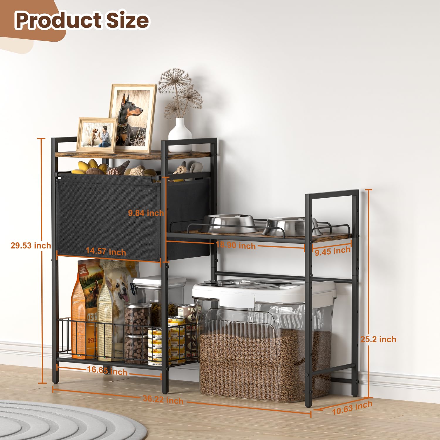 Lomivra Cuencos elevados para perros, soporte elevado para cuencos para perros con cesta de juguetes para perros, estación de alimentación para alimentos y agua, armario elevado para cuencos para