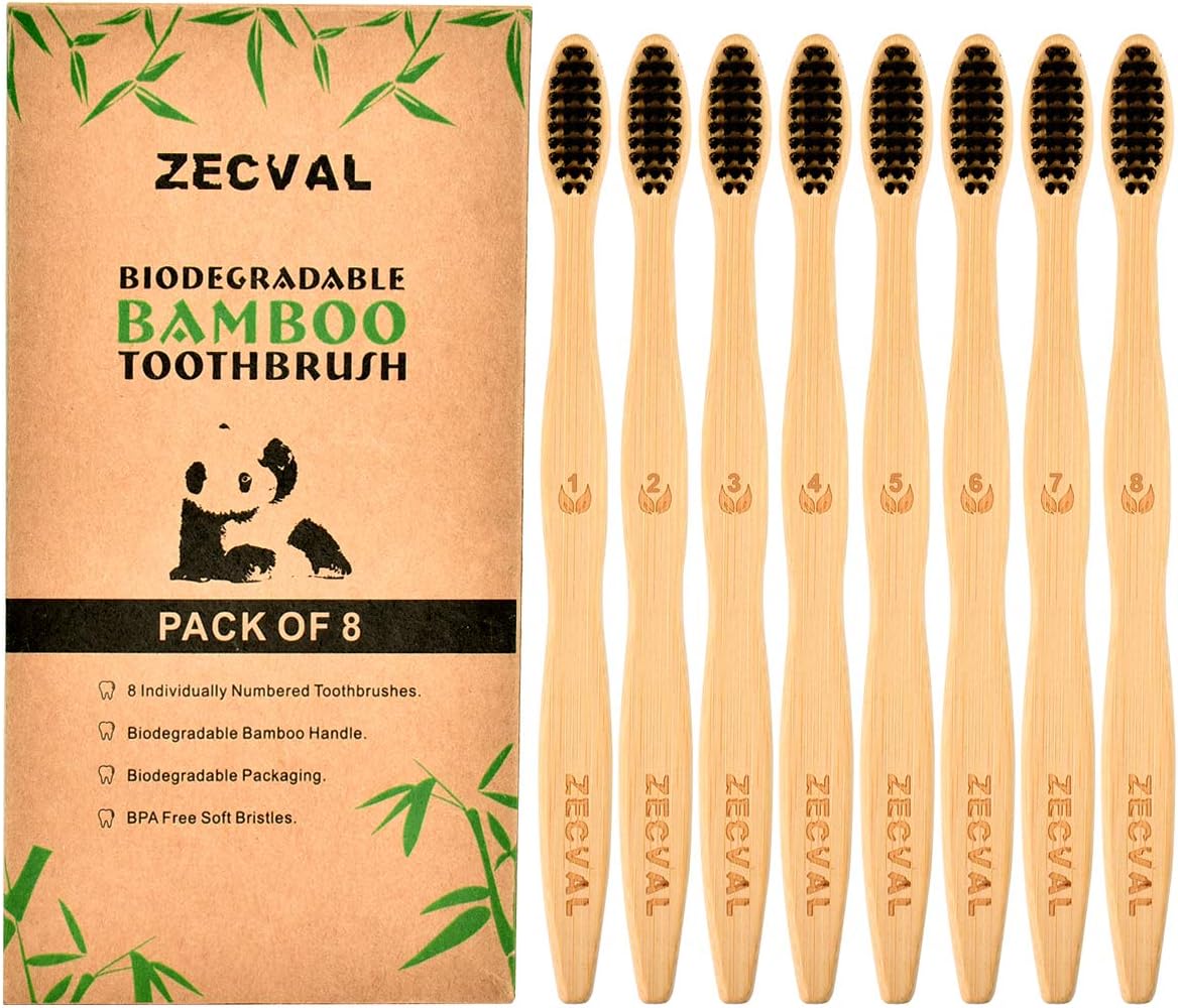 Zecval Biodegradable Natural Bamboo Toothbrushes (Pack of 8), BPA Free Soft Bristles, Biodegradable, Compostable, Eco Friendly