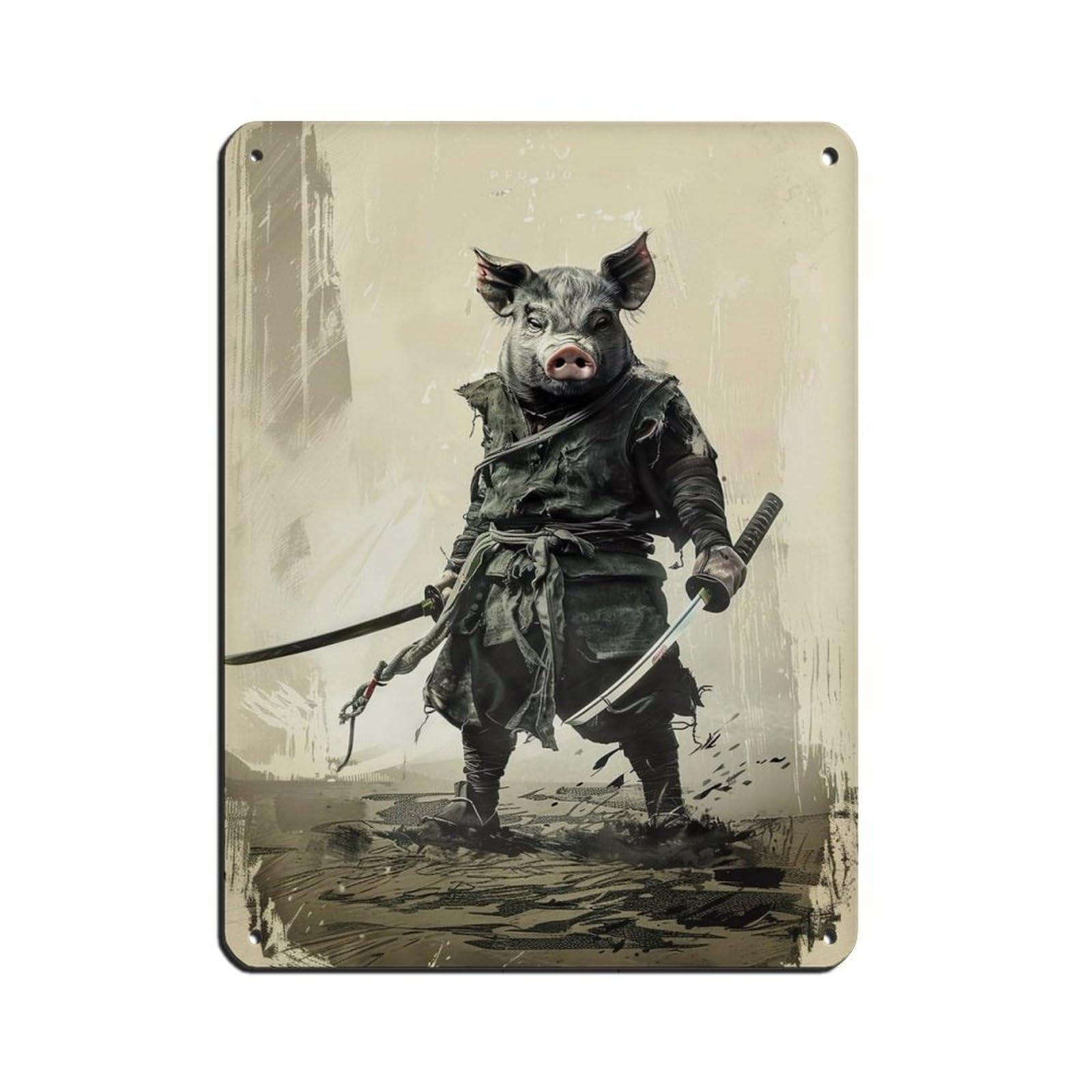 Lxwnze 30L X 40W Cm Ninja Pig Holding A Katana Sword Tin Sign Vintage Metal Pub Club Cafe Bar Home Wall Art Decoration Poster Retro 12X16inch(30X40cm)