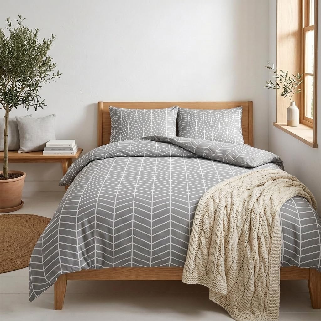 Graue Bettwäsche-Sets 180x200 cm Geometrisch Gestreift, Wendebettwäsche Weiche Mikrofaser Allergiker 3 Teilig Bettbezug mit Reißverschluss, Moderner Deckenbezug mit 2 Kissenbezügen 80x80 cm