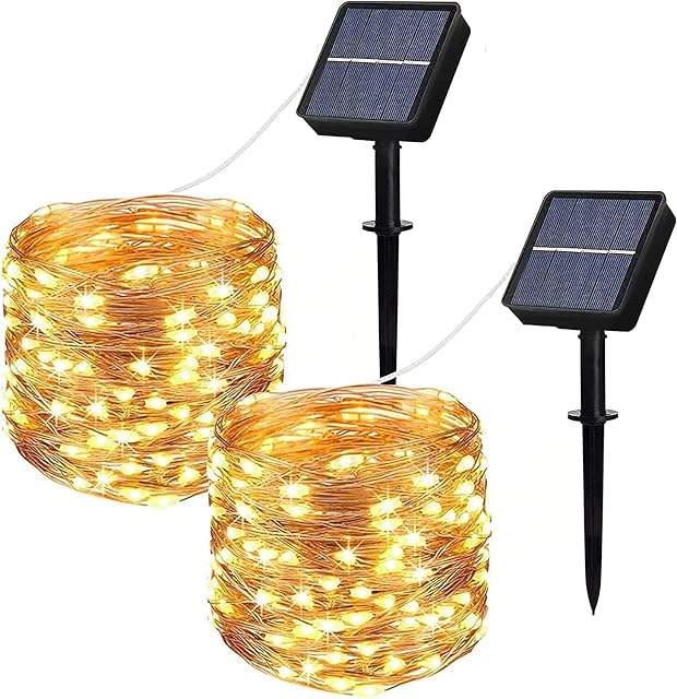 Solar String Lights Outdoor, 2 Pack 12M LED Solar Garden Lights Waterproof 40Ft 8 Modes Indoor/Outdoor Fairy Lights Copper Wire Decorative Lighting for Indoor, Outdoor, Party, Yard (Warm White)