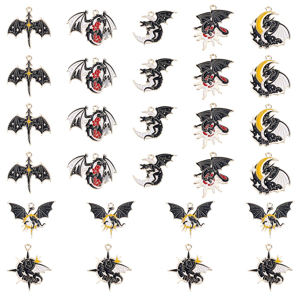 DICOSMETIC 28Pcs 7 Styles Black Dragon Charms Flying Legend Aniaml Charms Vintage Alloy Enamel Charm Gothic Dragon Pendants for Bracelet Necklace Jewelry Making, Hole: 2mm