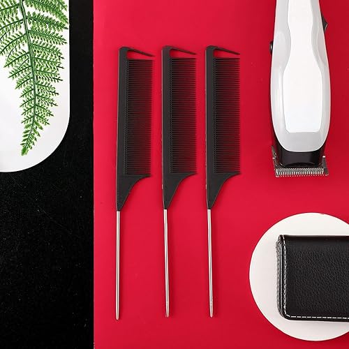 Miniatura 7 de Patelai Peine de separación para trenzas de acero, cola de rata, fibra de carbono, resistente al calor, con cola de acero inoxidable (negro,