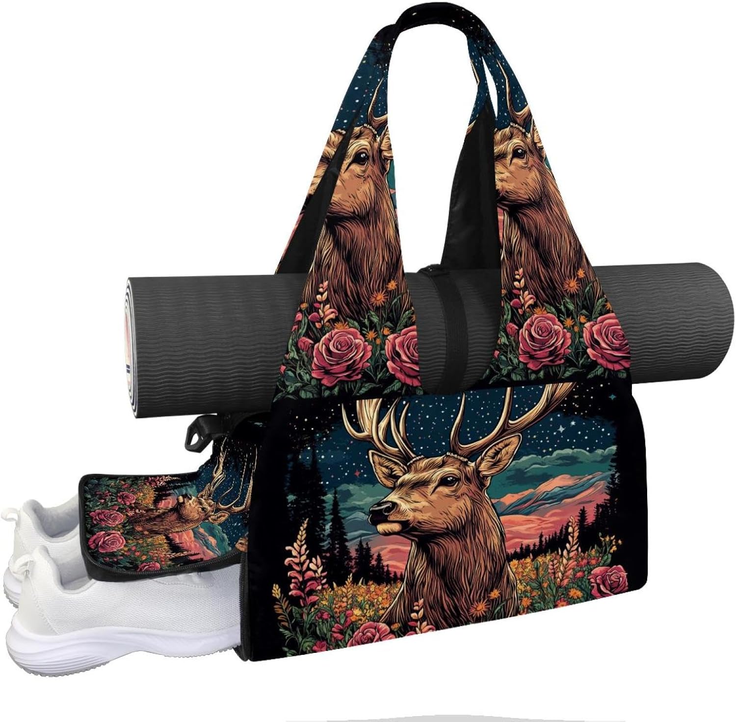 Yoga Mat Bag, Gym Workout Bag with Shoe Compartment, Deer Flower Pilates Bag for Women, Quick Access Storage Yoga Tote Bag for Sports Travel Office
