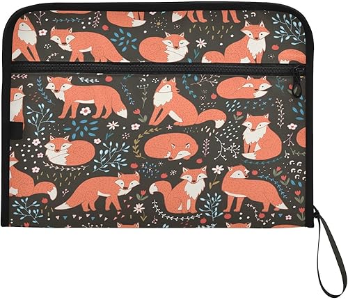 Miniatura 7 de Quteprint Carpeta de archivo expandible con 13 bolsillos con cierre de cremallera, hojas de flores, animales de zorro, carpeta de acordeón con
