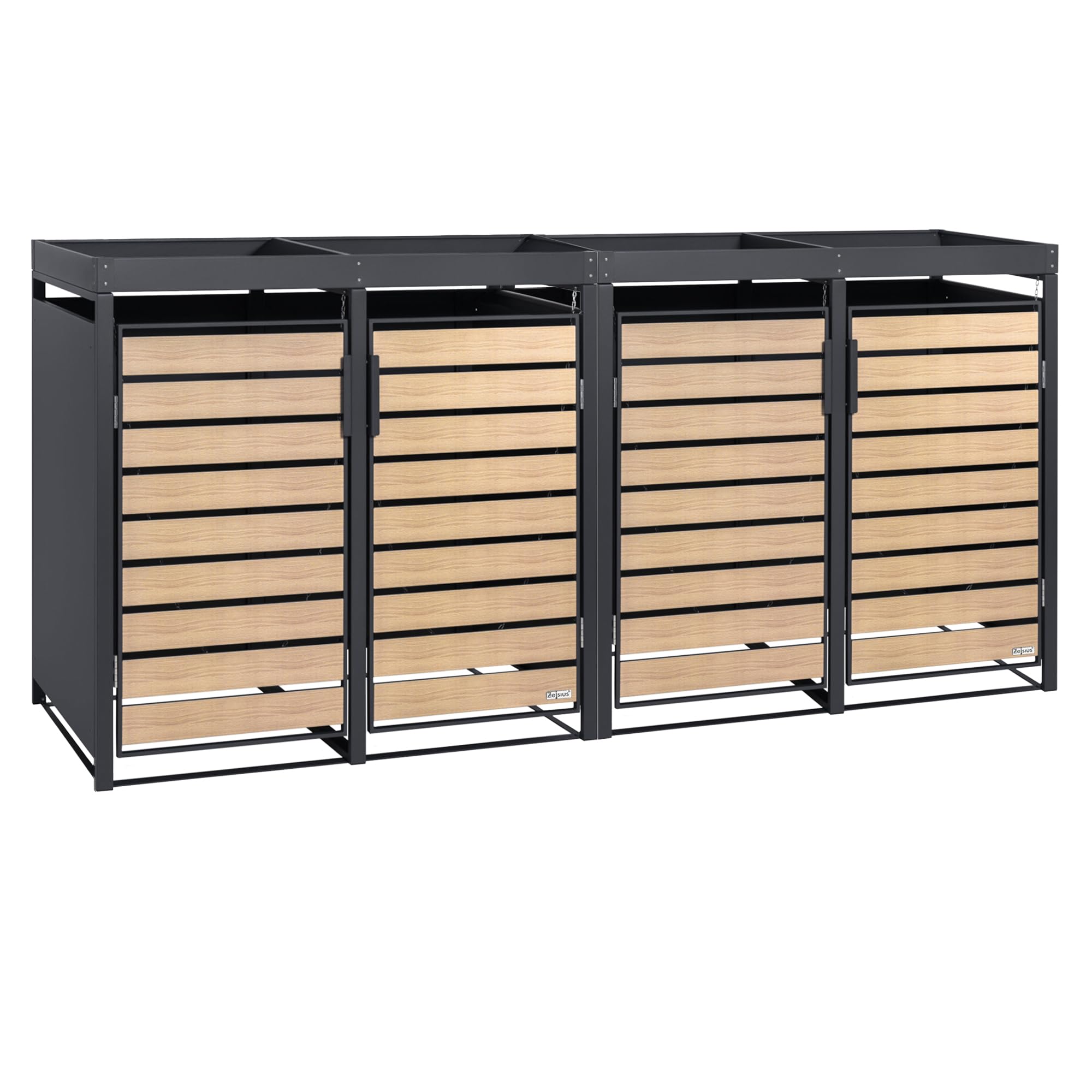 Zelsius Mülltonnenbox 4er mit Pflanzdach für 4 Tonnen | 120-240 Liter | Anthrazit RAL 7016 | Tür in Holzoptik inkl. Erweiterungsmöglichkeit | Müllbox, Aufbewahrungsbox für Mülltonnen