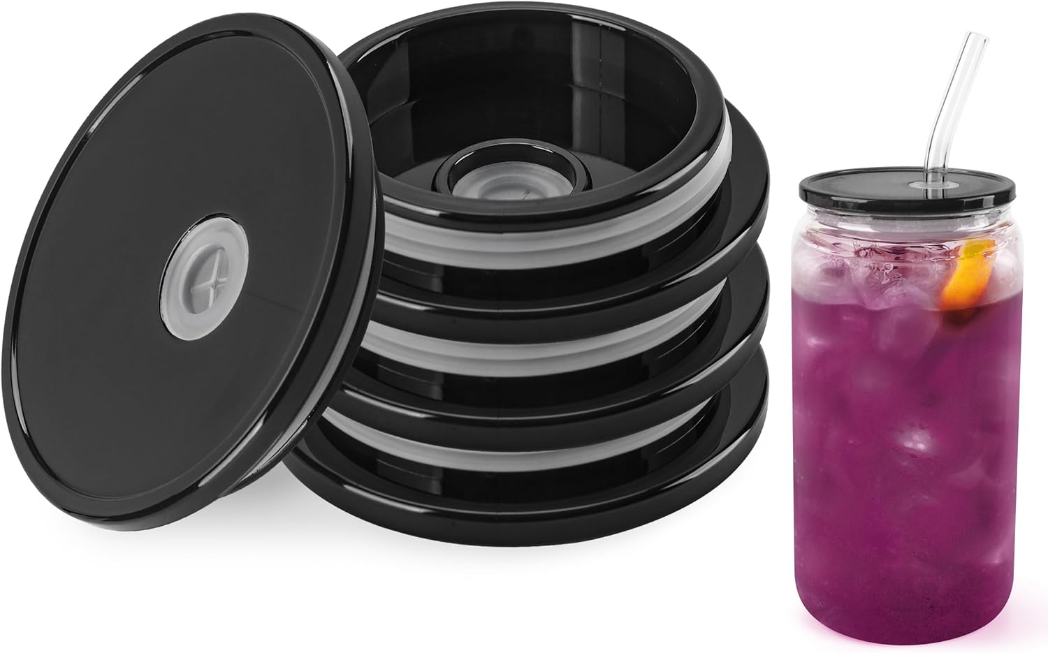 Joyclub 4 Pack Acrylic Lids for 16 oz Glass Cups with Bamboo Lids and Straws Reusable Iced Coffee Cup Beer Can Drinking Glasses for Smoothie Whiskey Boba Soda Tea Gift (Black)