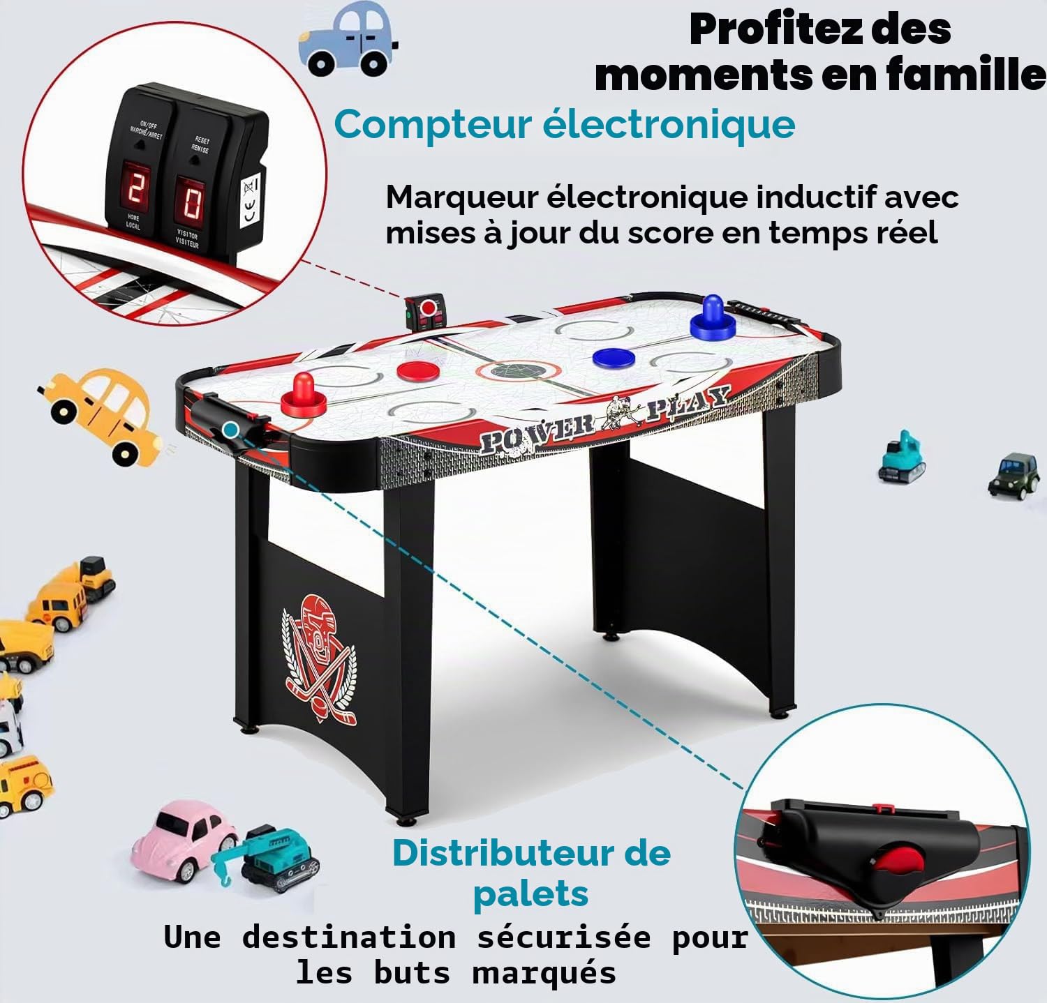 Table de Hockey sur air : Table de Hockey électrique d'intérieur avec Tableau d'affichage numérique, kit de Jeu Comprenant 2 palets et 2 poussoirs