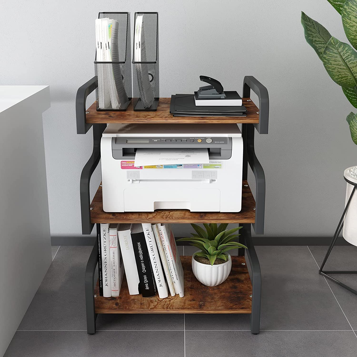 PUNCIA Soporte de Impresora de 3 Niveles Mueble Carro para Impresora con Ruedas Estante Mesa Móvil de Madera y Metal Estantería de fax para Oficina Escuela Estudio Retro