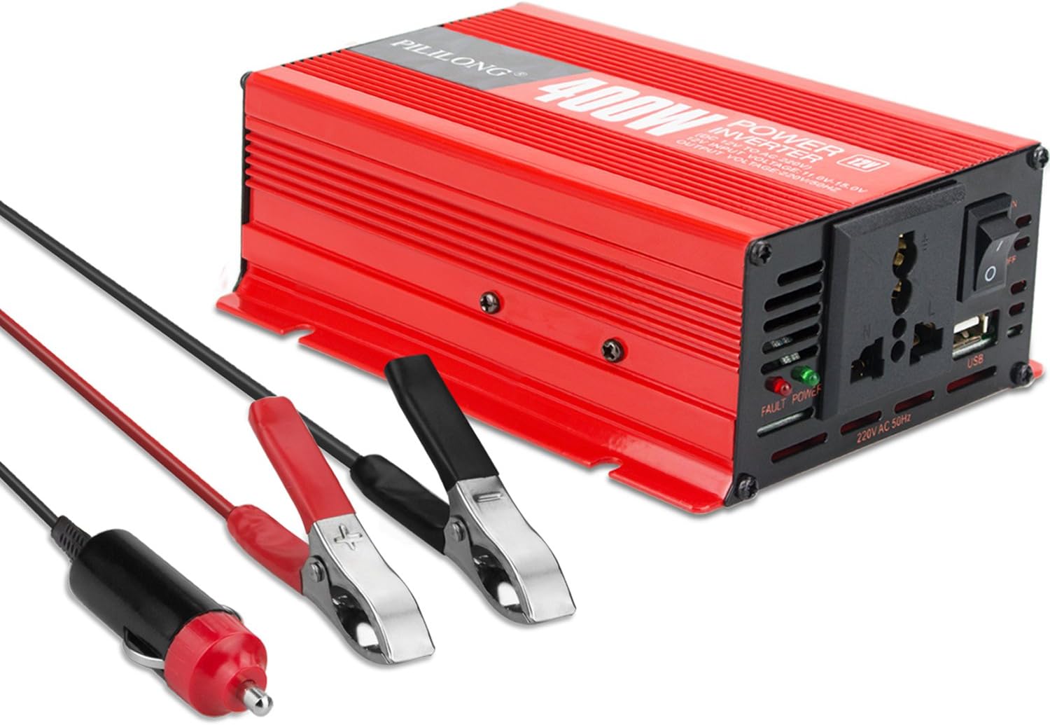 Spannungswandler DC 12V auf AC 230V 400W Auto Wechselrichter, Inverter mit 1 USB Anschluss, Euro Steckdose/UK Steckdose, Autoladegerät Inklusive Kfz Zigarettenanzünder Stecker/Batterieclip (400W)
