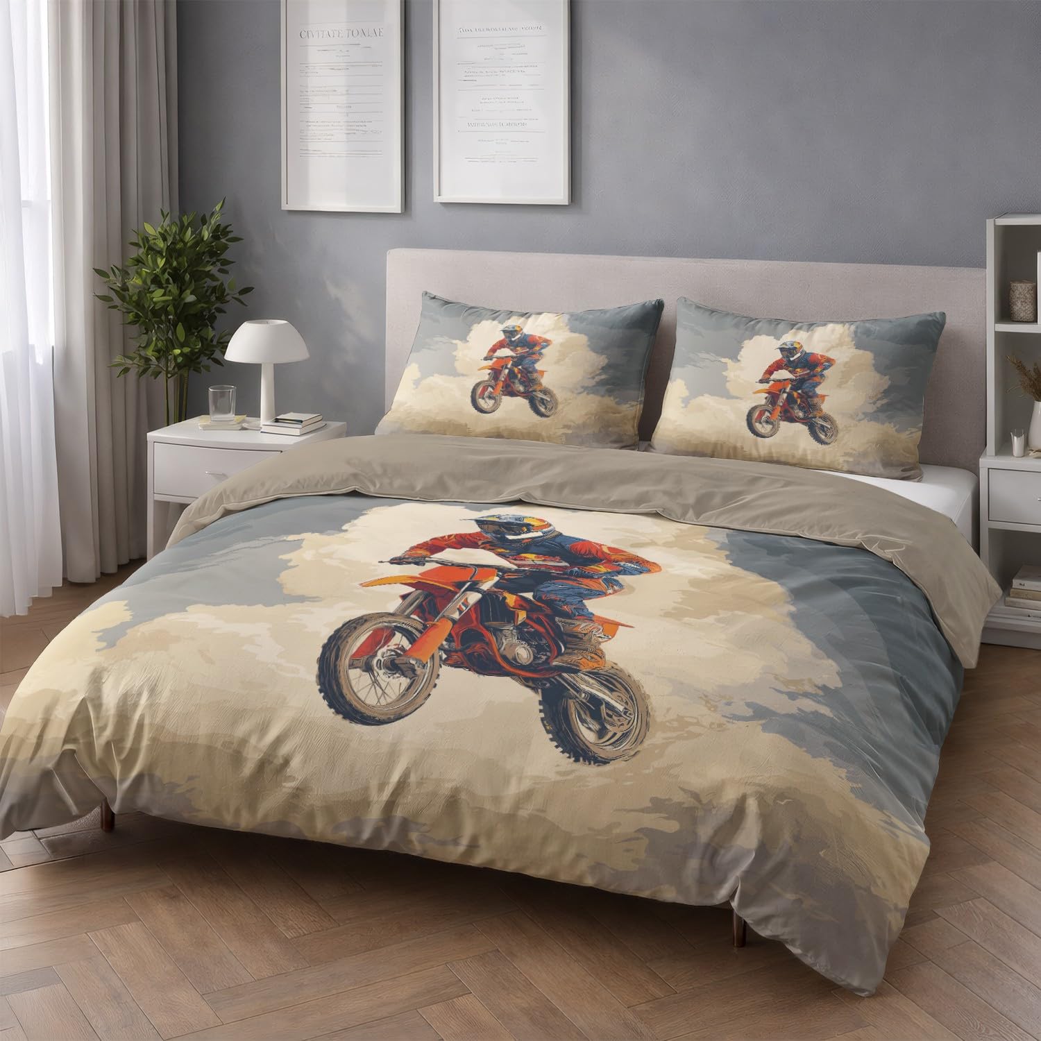 Beżowa Nowoczesna Mgła Motocyklowa Poszwa na kołdrę 180 x 220 cm, Anime Miękka mikrofibra Dwustronny zestaw pościeli z zamkiem błyskawicznym 3-częściowy z 2 poszewkami na poduszki