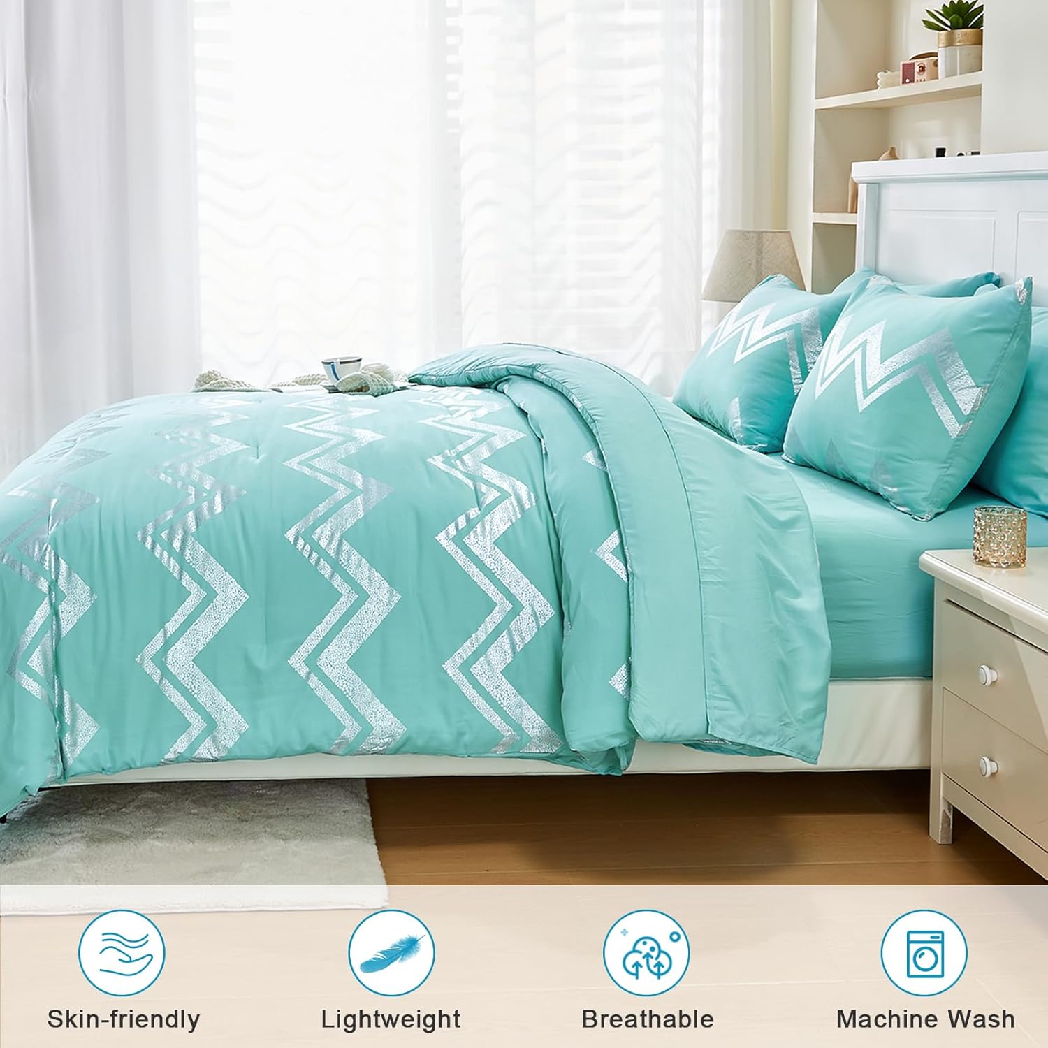 Wowelife Teal Comforter Set Queen 7 Pieces Blue Glitter Metallic Bedding Set Full Teal Kids Comforter Set Breathable with Comforter, Flat Sheet, Fitted Sheet, 2 Pillow Shams and 2 Pillowcases