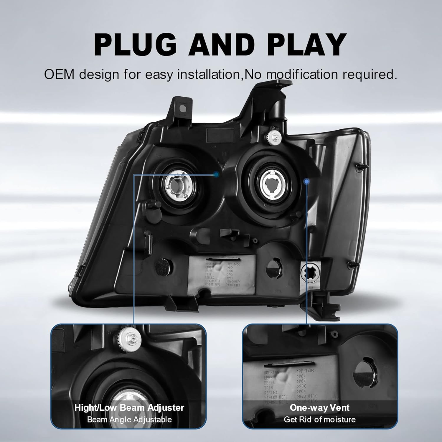 MOSTPLUS Headlight Assembly Compatible with 07-14 Chevy Tahoe / 07-13 Avalanche / 07-14 Suburban 1500/07-13 Suburban 2500 Front Lamp with Black Housing/Clear Lens/Amber Reflector