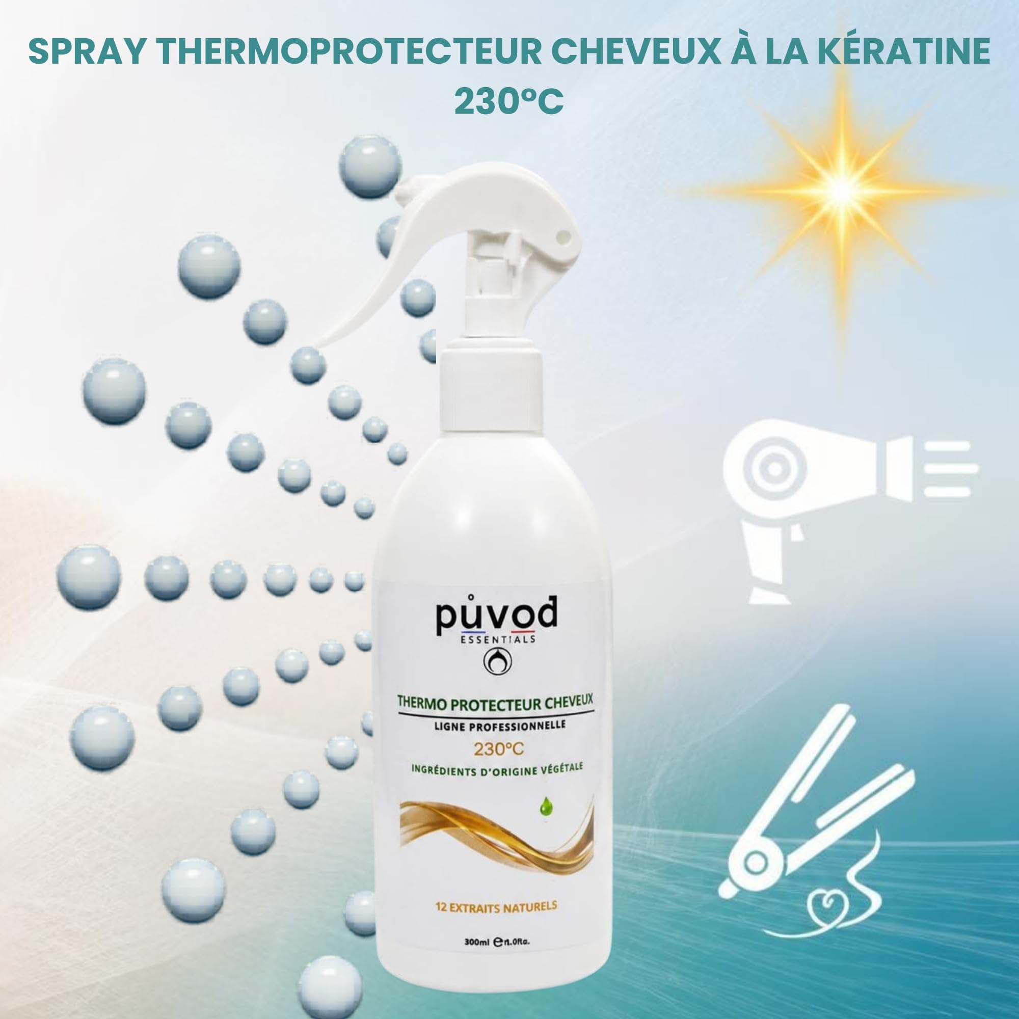 PUVOD Spray Thermo Protecteur Cheveux 300ml – Protection Chaleur 230°C – Réduit 82% Casse – Anti Frisottis Anti Humidité – Protection UV Sans Sulfate Sans Parabène – Soin Sans Rinçage Brushing Expert.