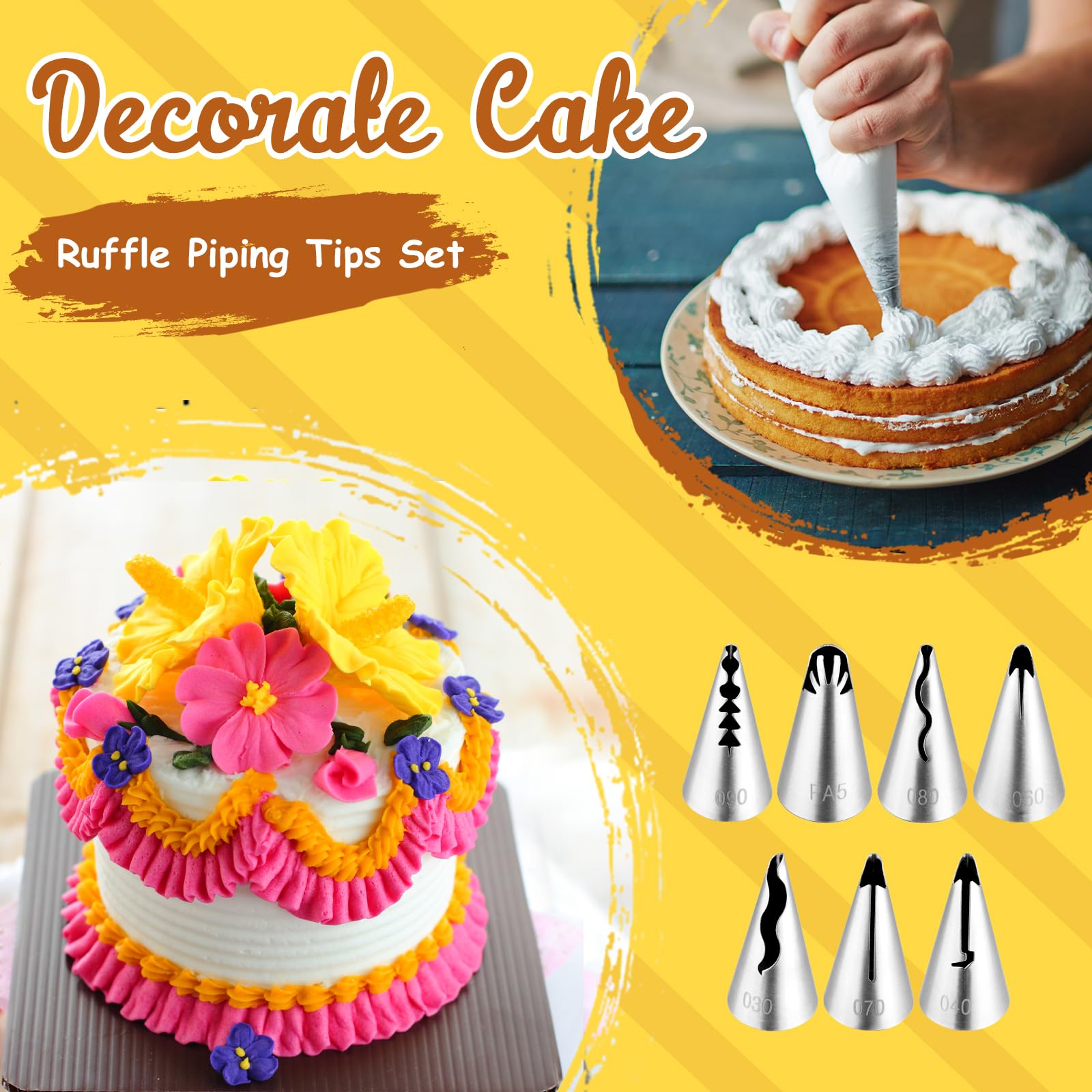 Kasmoire Juego de 7 boquillas plisadas de acero inoxidable con 10 bolsas desechables para pastelería, cupcakes, pasteles, galletas