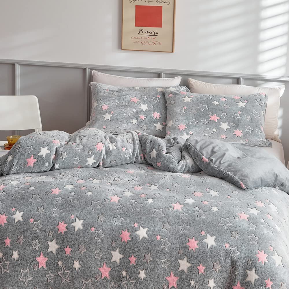 Freyamy Winter Bettwäsche 135x200 Biber Flanell Flauschige Winterbettwäsche | Leuchtend im Dunkeln Kinderbettwäsche Plüsch, 2teilig Warme, ÖKO-TEX Bettbezug mit Reißverschluss und 1 Kissenbezug 80x80cm