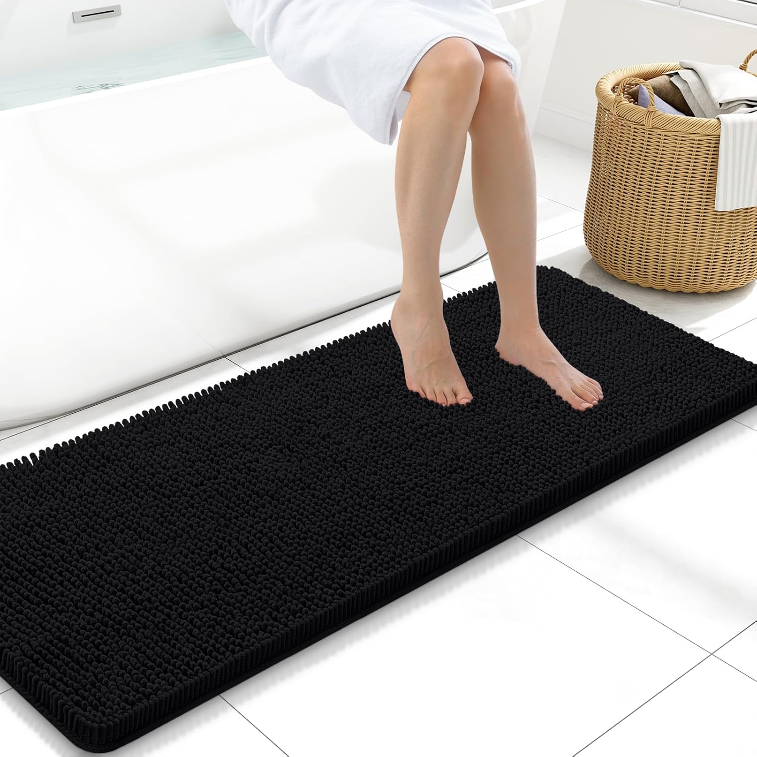 Arotive Bathroom Rugs 47×17, Extra Soft Absorbent Shaggy Chenille Bath Rugs, Machine Washable Rubber Backing Non-Slip Bath Mats for Bathroom Floor Tub and Shower, Home Decor Accessories, Black