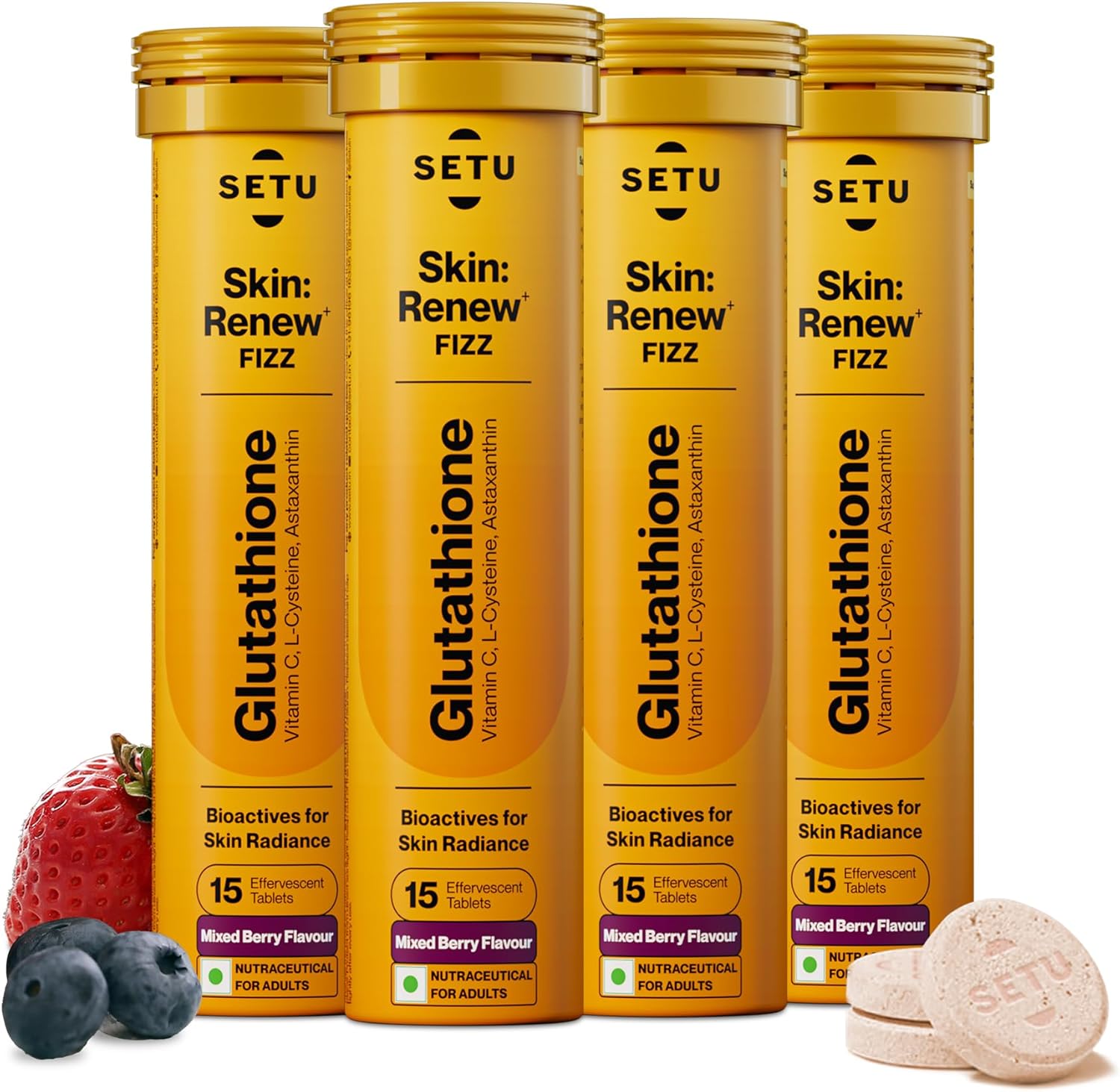 SETU Glutathione Effervescent Tablets with 500mg L-Glutathione & Vitamin C | Sugar-Free Antioxidant Supplement | Mixed Berry (Pack of 4)