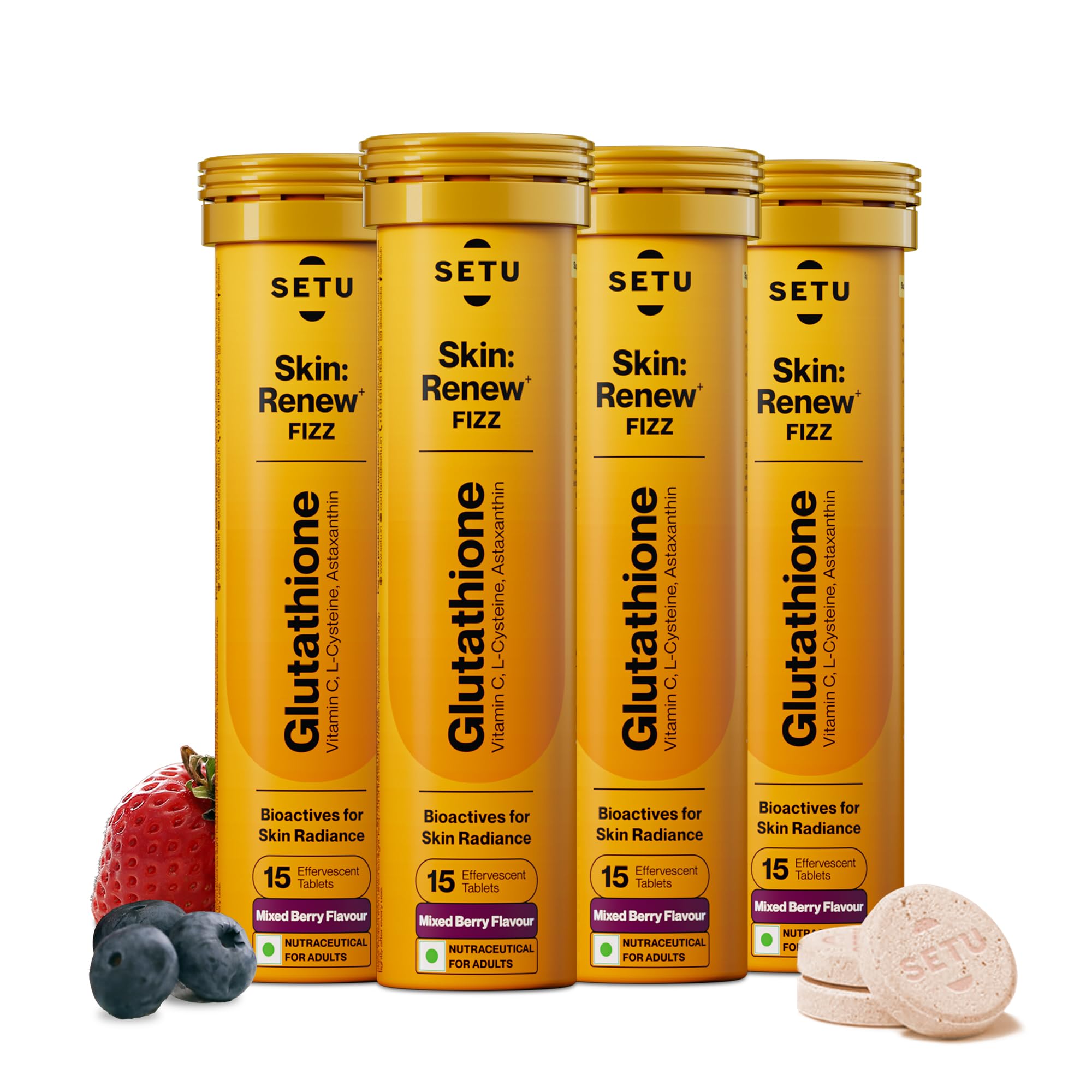 SETU Glutathione Effervescent Tablets with 500mg L-Glutathione & Vitamin C | Sugar-Free Antioxidant Supplement | Mixed Berry (Pack of 4)
