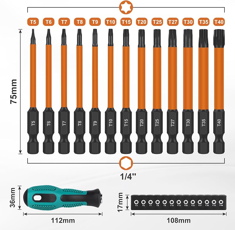 efuturetime 13 darabos Torx csavarhúzó bit készlet 75mm, mágneses hosszú bitek T5-T40, S2 acél csavarbehajtó készlet