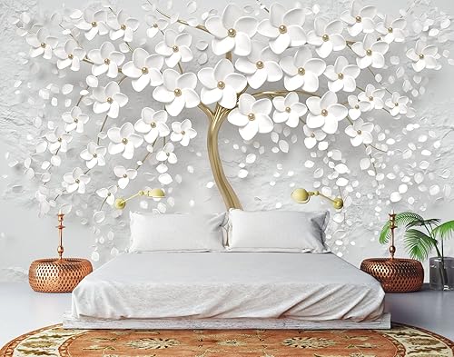 Bormia - Mural de pared de árbol de flores 3D con cuerpo de árbol dorado, calcomanías de pared para sala de estar, dormitorio, habitación de niños,