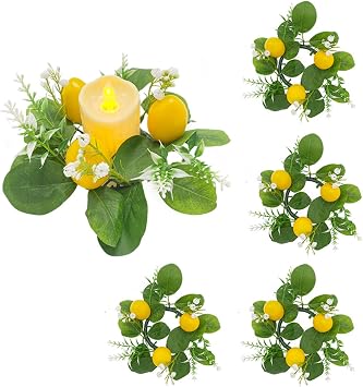 4 Pcs Lemons Candle Rings Wreaths Decorative Greenery Candle Holder with Yellow Lemons and White Flowers Mini Wreaths 3inch Center for Home Kitchen Table Centerpiece