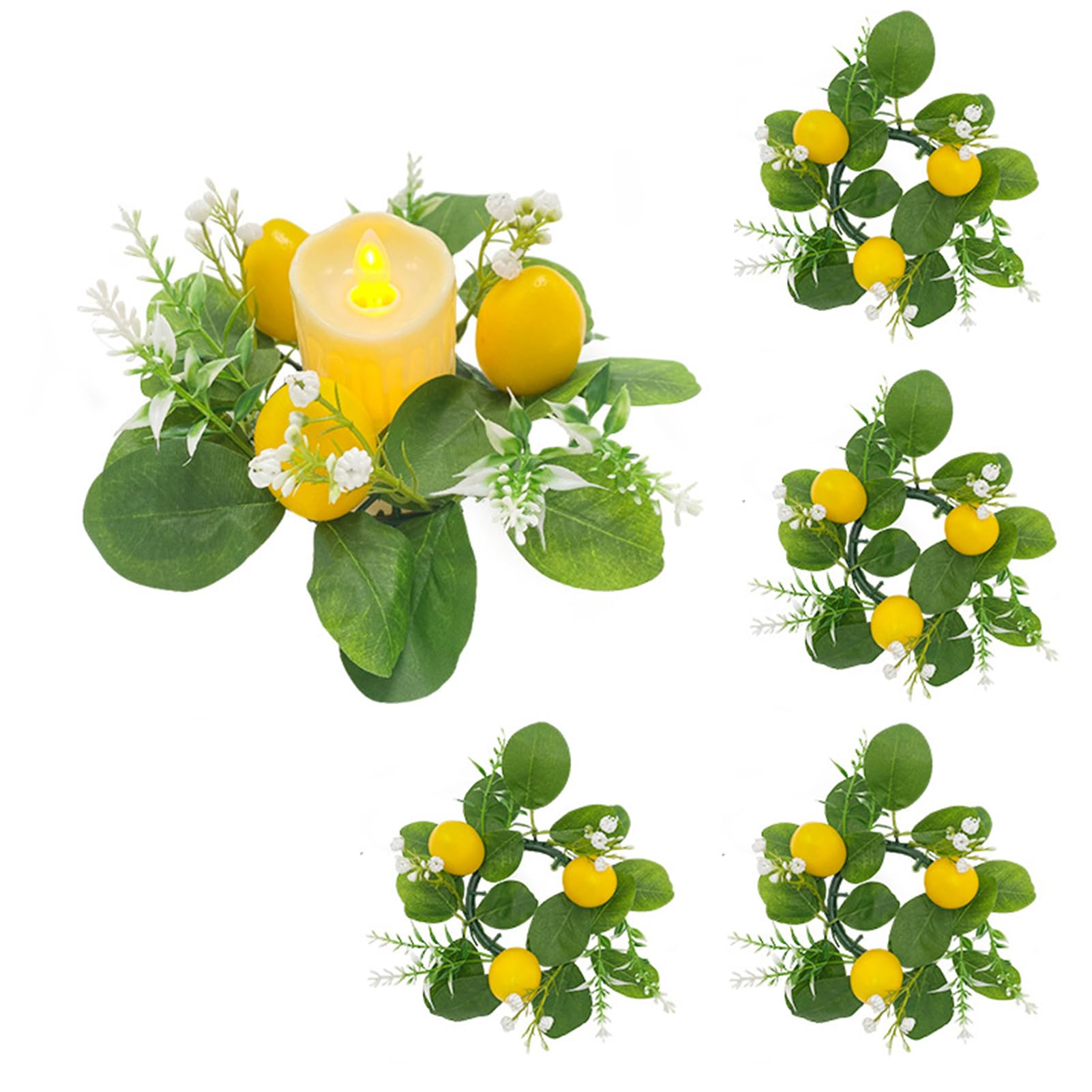 4 Pcs Lemons Candle Rings Wreaths Decorative Greenery Candle Holder with Yellow Lemons and White Flowers Mini Wreaths 3inch Center for Home Kitchen Table Centerpiece