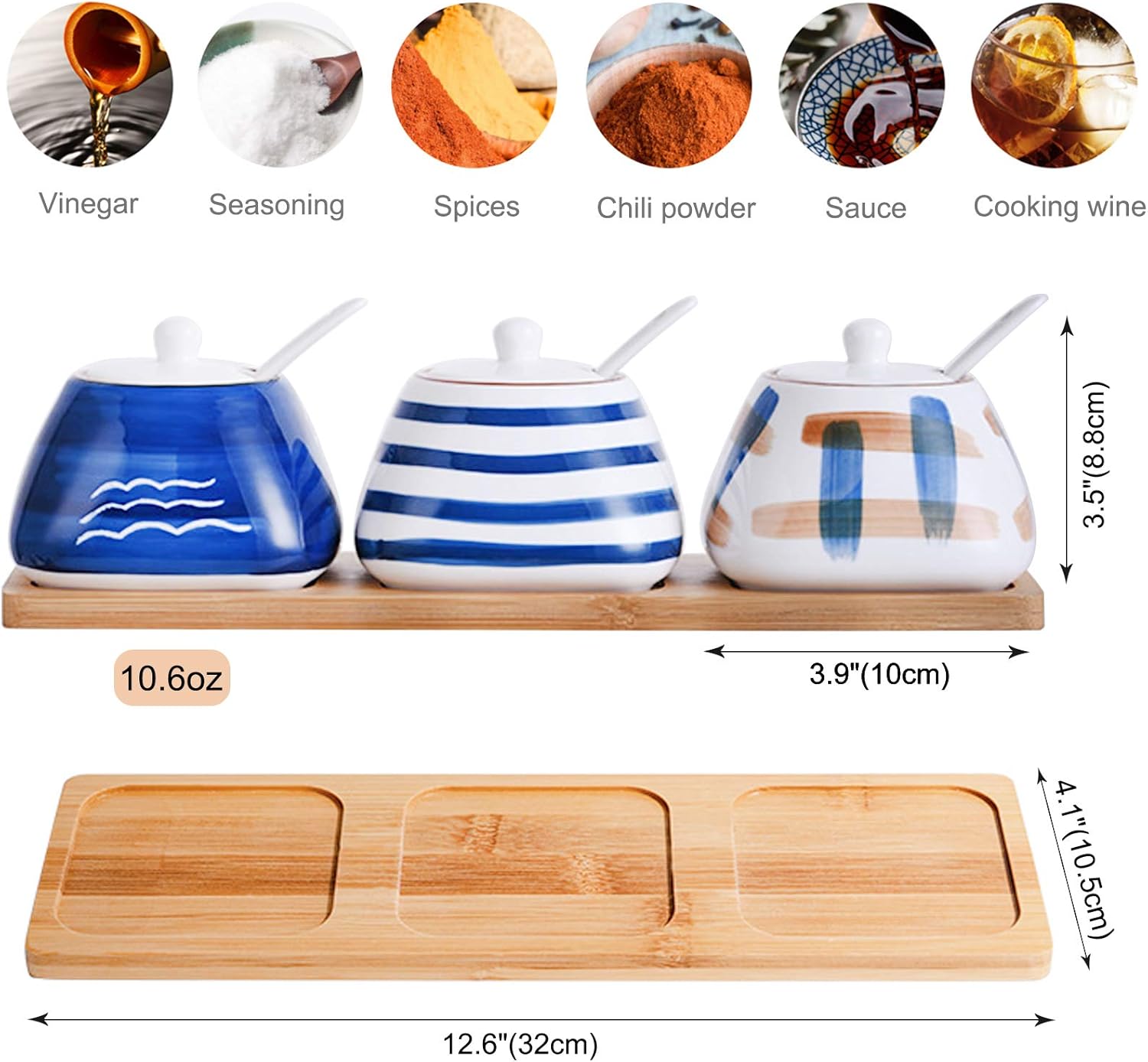 Porcelain Condiment Jar Spice Container with set of 3 Ceramic Condiment Pot Seasoning Box with Ceramic Serving Spoon and Lid - Bamboo Tray Porcelain Sugar Bowl for Home Kitchen 300ml (10.6oz)