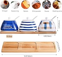 Vista 3 de Recipiente de especias de porcelana con juego de 3 recipientes de condimentos de cerámica con cuchara de servir y tapa de cerámica, bandeja de bambú