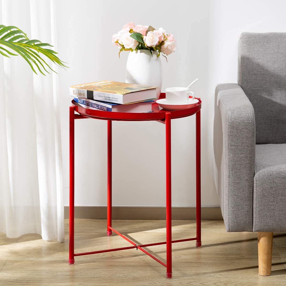 INDIAN DECOR 44117 Tray Metal End Table, Sofa Table Small Round Side Tables, Anti-Rust and Waterproof Outdoor & Indoor Snack Table, Accent Coffee Table,(H) 20.28" x(D) 16.38", Red 3