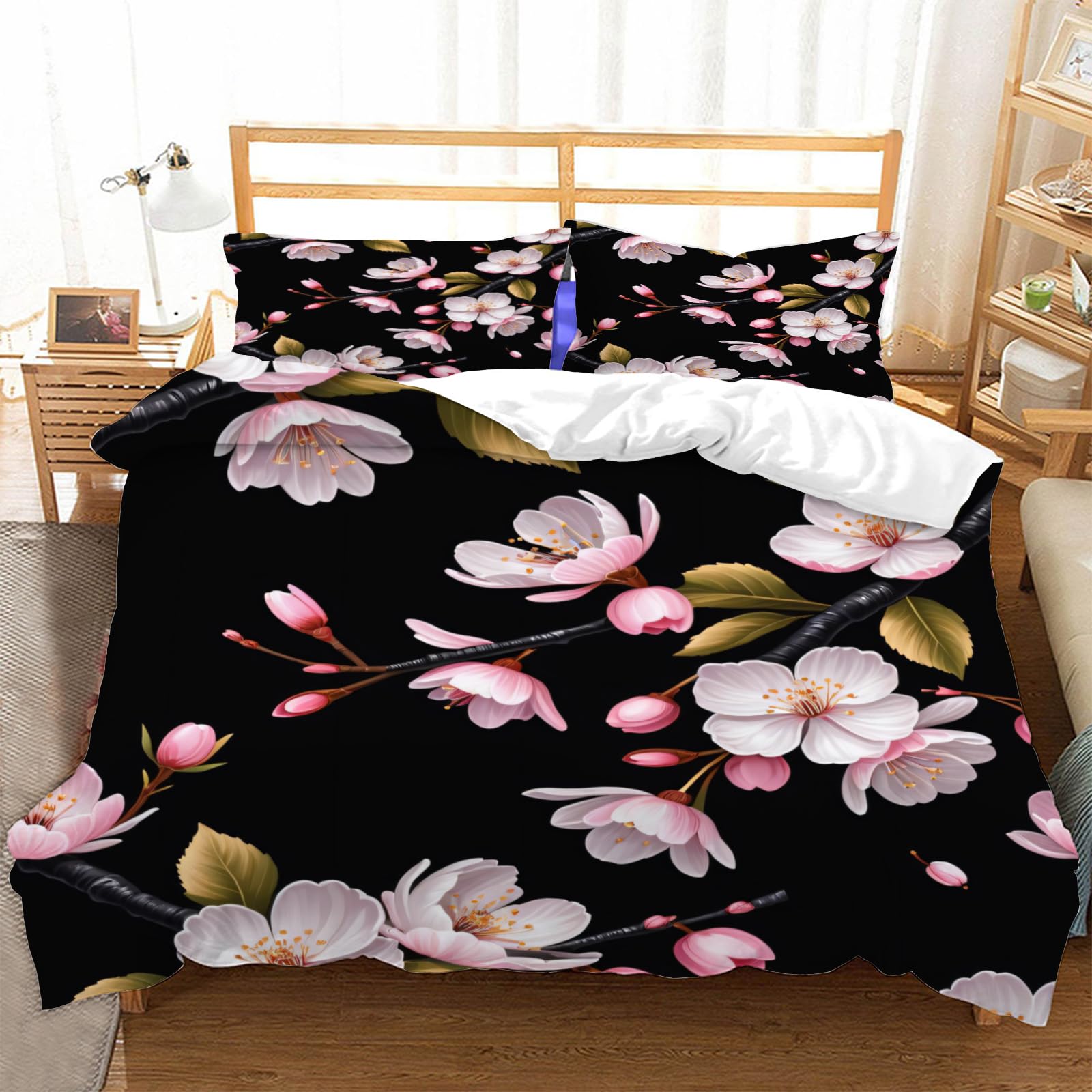 Housse de couette 240x260 fleurs de cerisier avec 2 taies d'oreiller