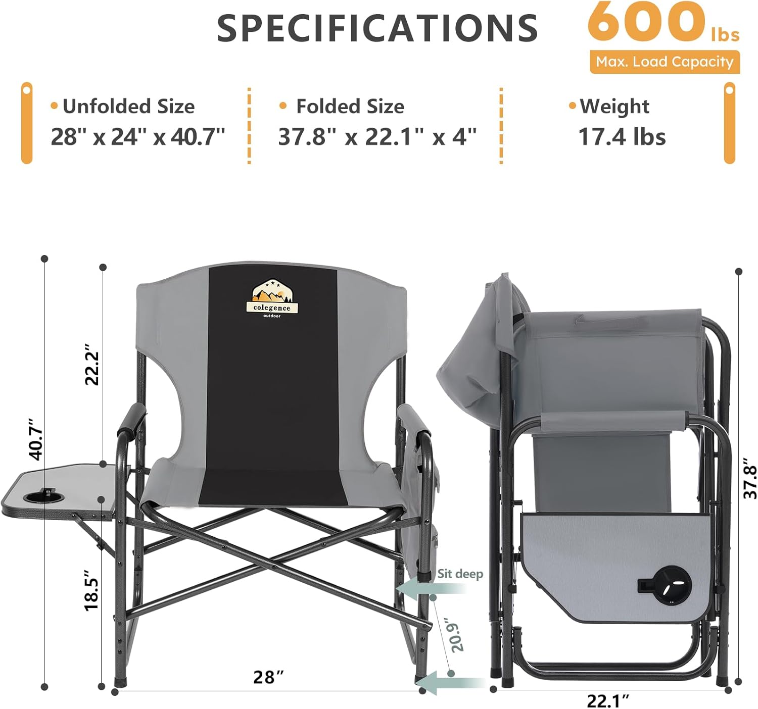 Oversized Directors Camping Chair Set of 2 Support 600 LBS, Heavy Duty Folding Outdoor Chairs with Detachable Side Pocket and Adjustable Side Table for Outside Beach,Lawn,Fishing (Black) - Image 2