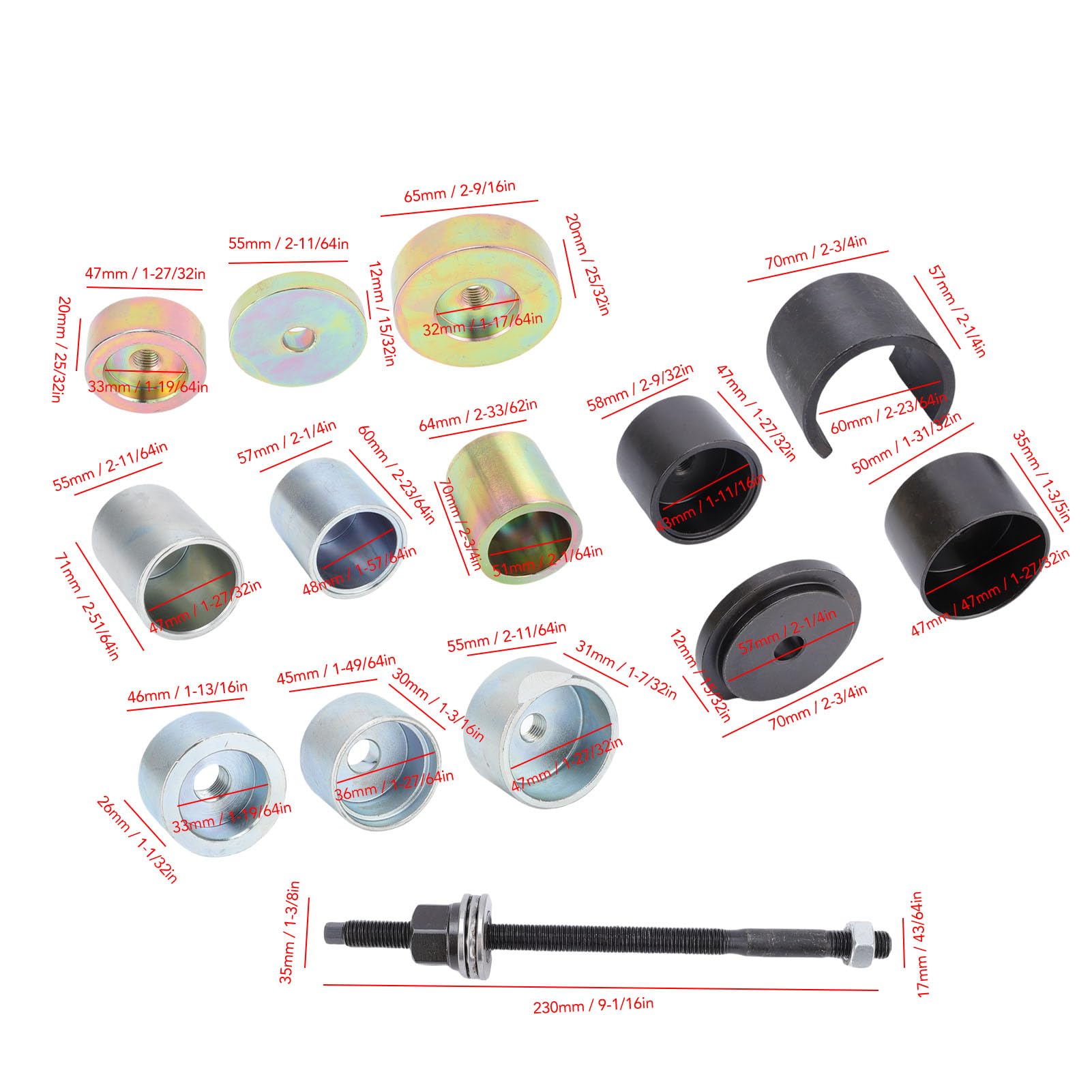 VGEBY Kit de Herramientas para Diferencial y Casquillo de Eje, Juego de Extractor de Cojinetes Silencioso de Acero Al Carbono, 14 Piezas con Varilla Roscada y Manguitos Adaptadores para Extracción