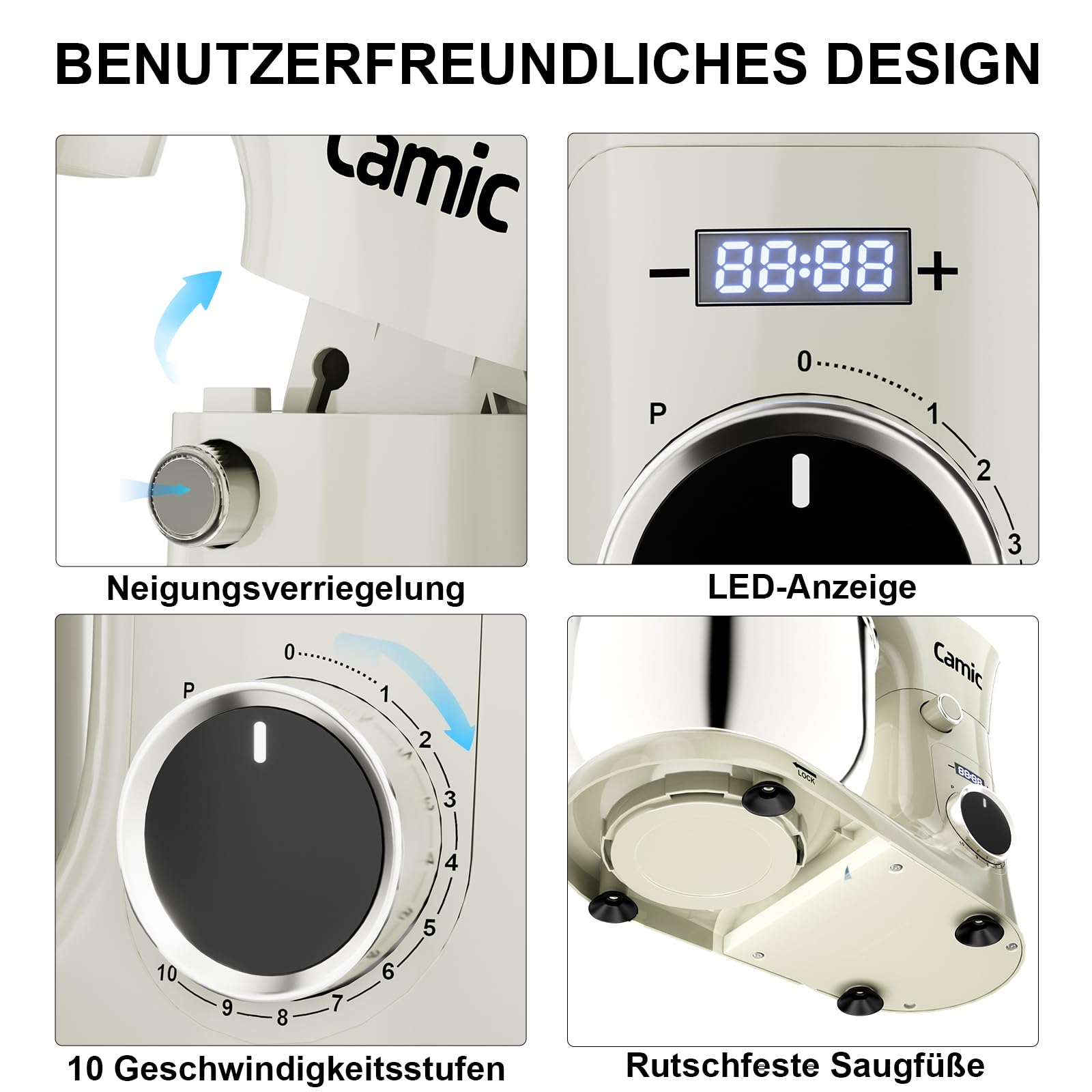 Camic Küchenmaschine mit LED-Display, Zeit Einstellen, Knetmaschine mit Rührhaken, Knethaken, Schlagbesen, 10 Stufen, 2 Edelstahlschüsseln 4L+5L, für Teig, Brot, Pizza, Kuchen (White)