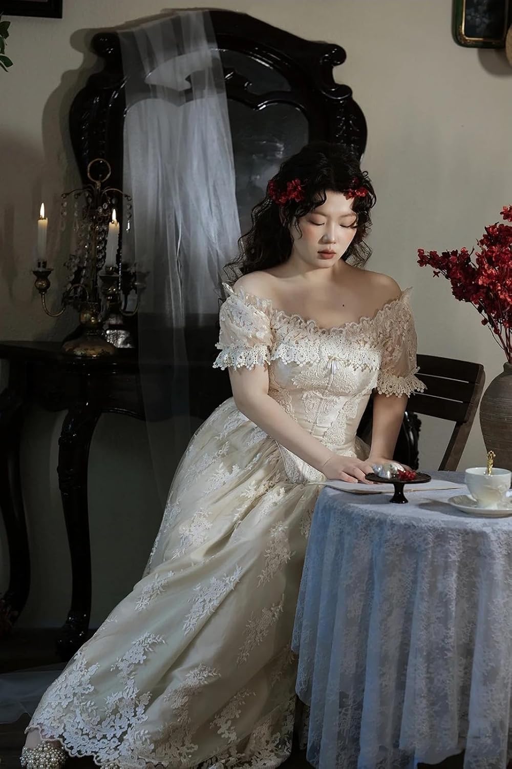 Regency Dresses for Women Luxurious Embroidery Lace Empire Waist Victorian Dress - Image 2