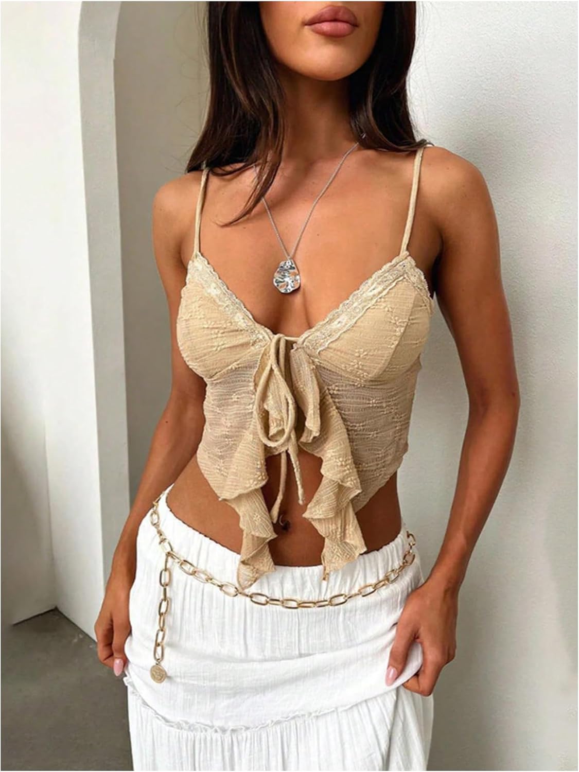 SOLY HUX Women's Contrast Lace Cami Top - V Neck Spaghetti Strap Summer Camisole For Casual Or Beach Outfits - View #9