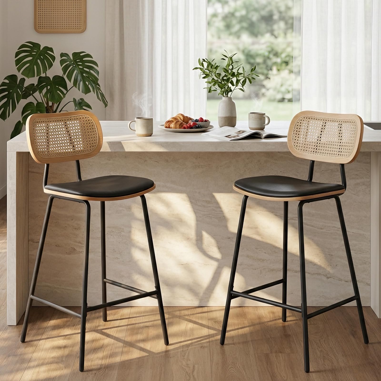 Ya-Home Juego de 2 Taburetes Altos de Cocina Modernos con Respaldo Rattán,Taburetes de Bar Tapizando en Cojín de PU, Sillas Altas de Mostrador con Patas de Madera para Hogar/Restaurante,Negro