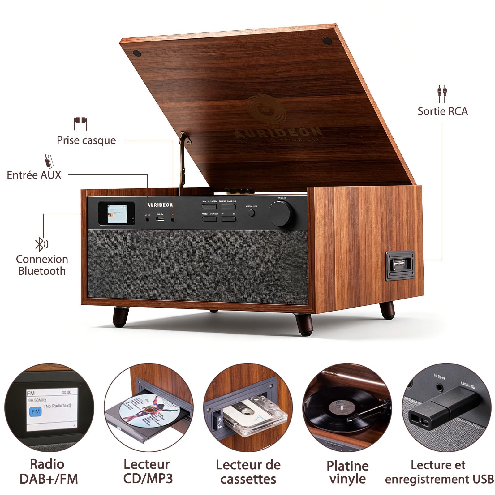 Chaîne Bois MC-278 Dab+/FM, Vinyle AT-3600L, CD/MP3, USB, Cassette 36W
