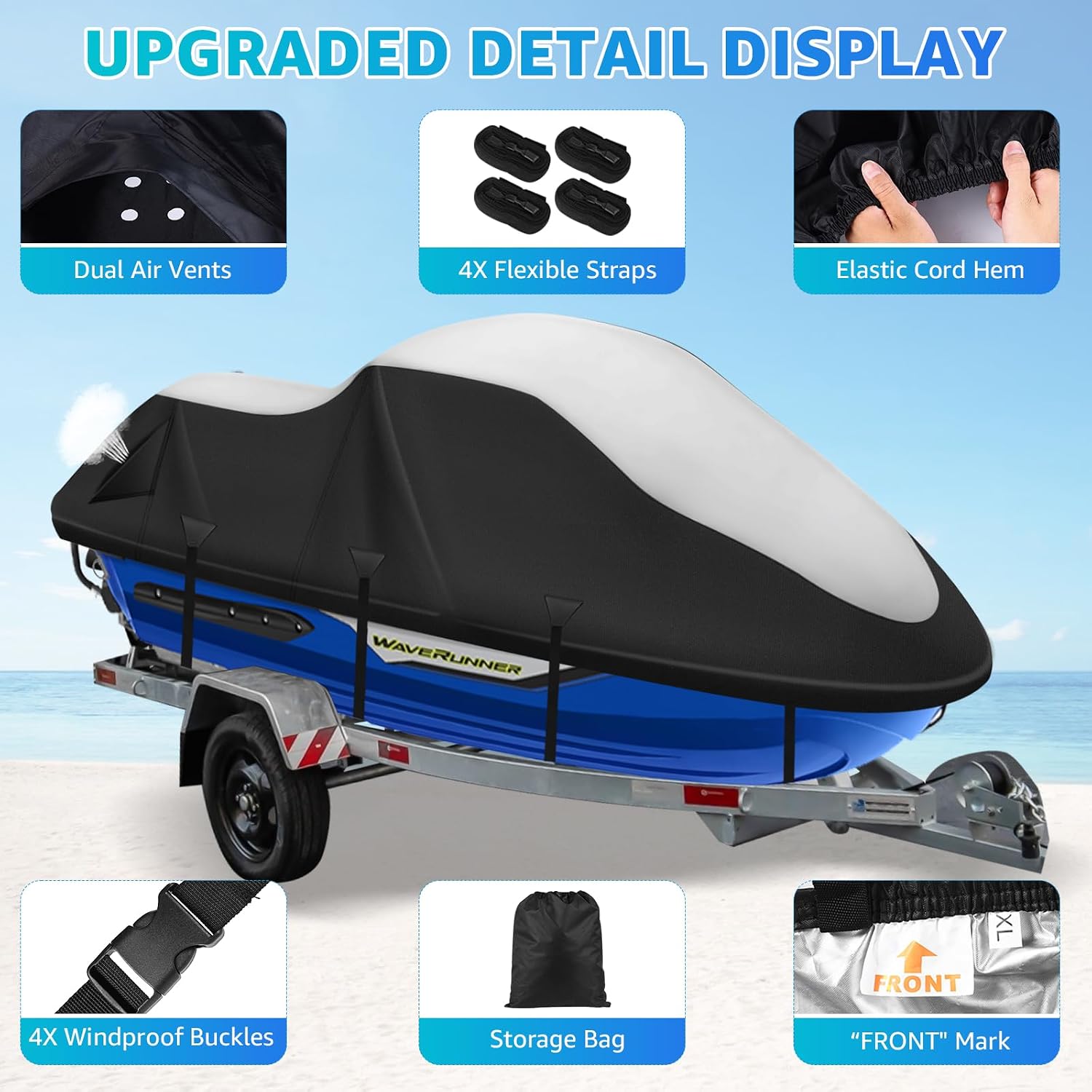 Jet Ski Cover 3 Seater,420D Waterproof Jetski Covers with 2 Vents & 4 Windproof Buckles UV Protection Universal Fits Yamaha Seadoo from 116" to 125"(Black Silver)