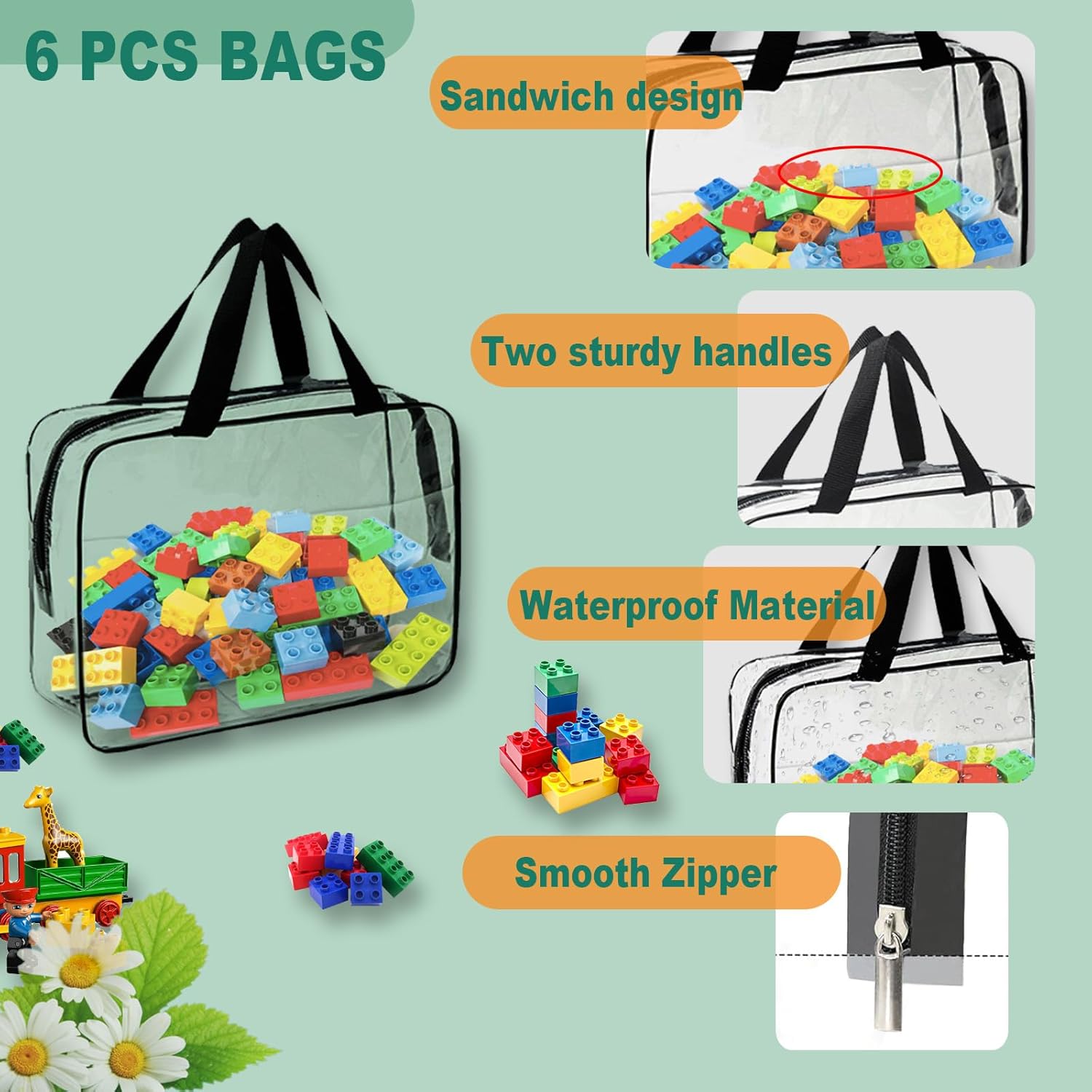 6 Pcs Toy Storage Bags with Zipper - 11.8 x 8.6 x 3.9 Inch,Clear PVC Portable Handheld Zipper Toy Organizer Bags for Organizing Board Games,Building Blocks,Puzzle,and Kids Books.black 6 Pcs