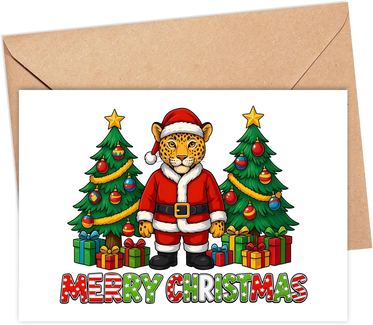 Jaguar Christmas Card 2025 - Santa Big Cat Holiday Greeting With Festive Trees And Colorful Gift Boxes - Seasonal Collectible Gift For Friends Family