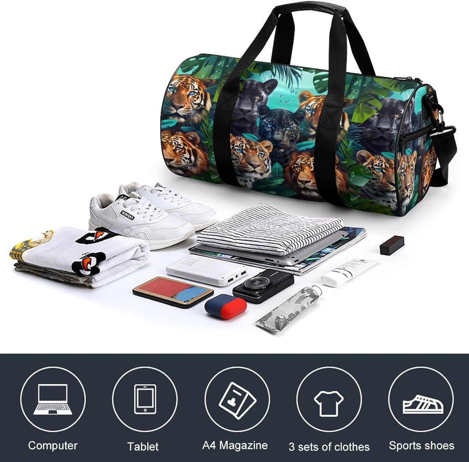 Wild Animals Tigers Leopard Gym Sport Bag Travel Duffle Backpack Weekender Overnight with Shoes Compartment for Women Men