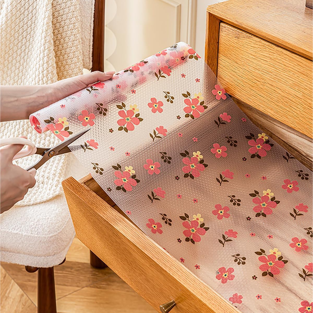 Drawer Liners 2 Roll Non Adhesive Floral Shelf Liners Non Slip Kitchen Cabinets Pad Waterproof Fridge Mats Easy to Cut for Pantry Dresser Bathroom Cupboard