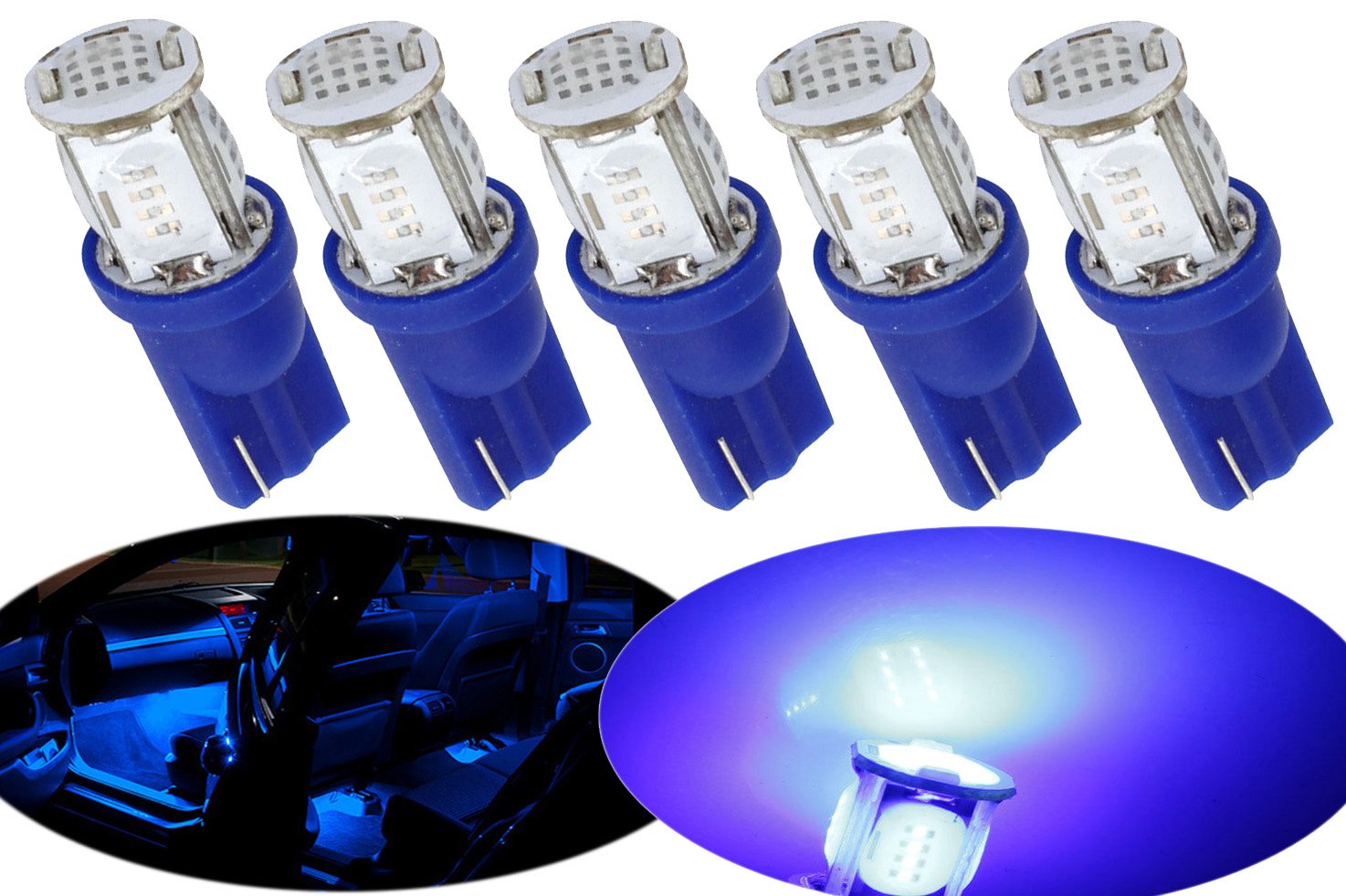 ModIt Modit T10 Newest Technology COB LED Wedge Bulbs W5W 194 168 2825, for Signal Lights, Trunk Lights, Dashboard Lights, Parking Lights, Blue (5 Pieces)