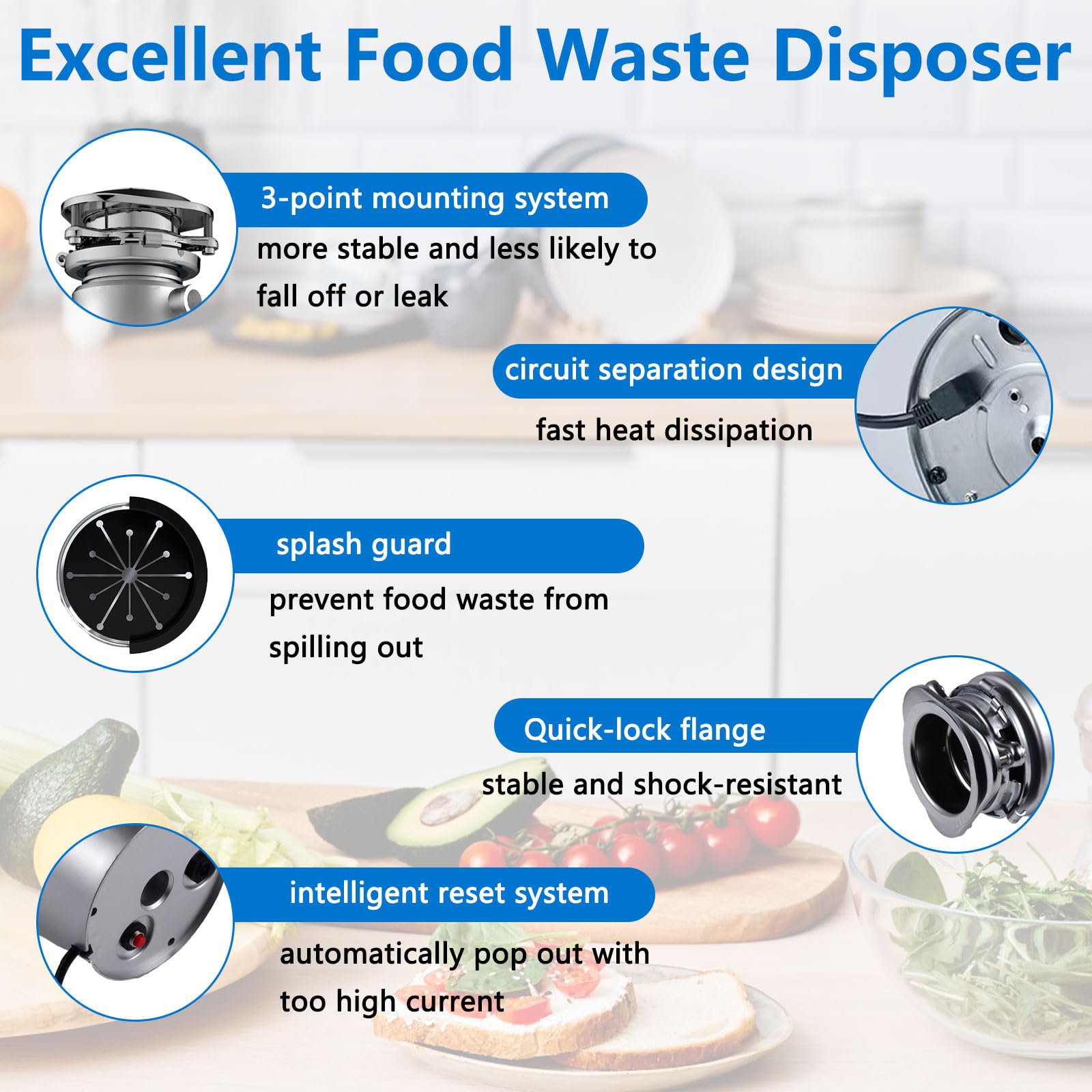 Dissipatore di rifiuti alimentari, unità di smaltimento dei rifiuti da 560 W per lavello da cucina, capacità 1200 ml, macinazione in acciaio inossidabile a 4 fasi, silenzioso e facile da installare