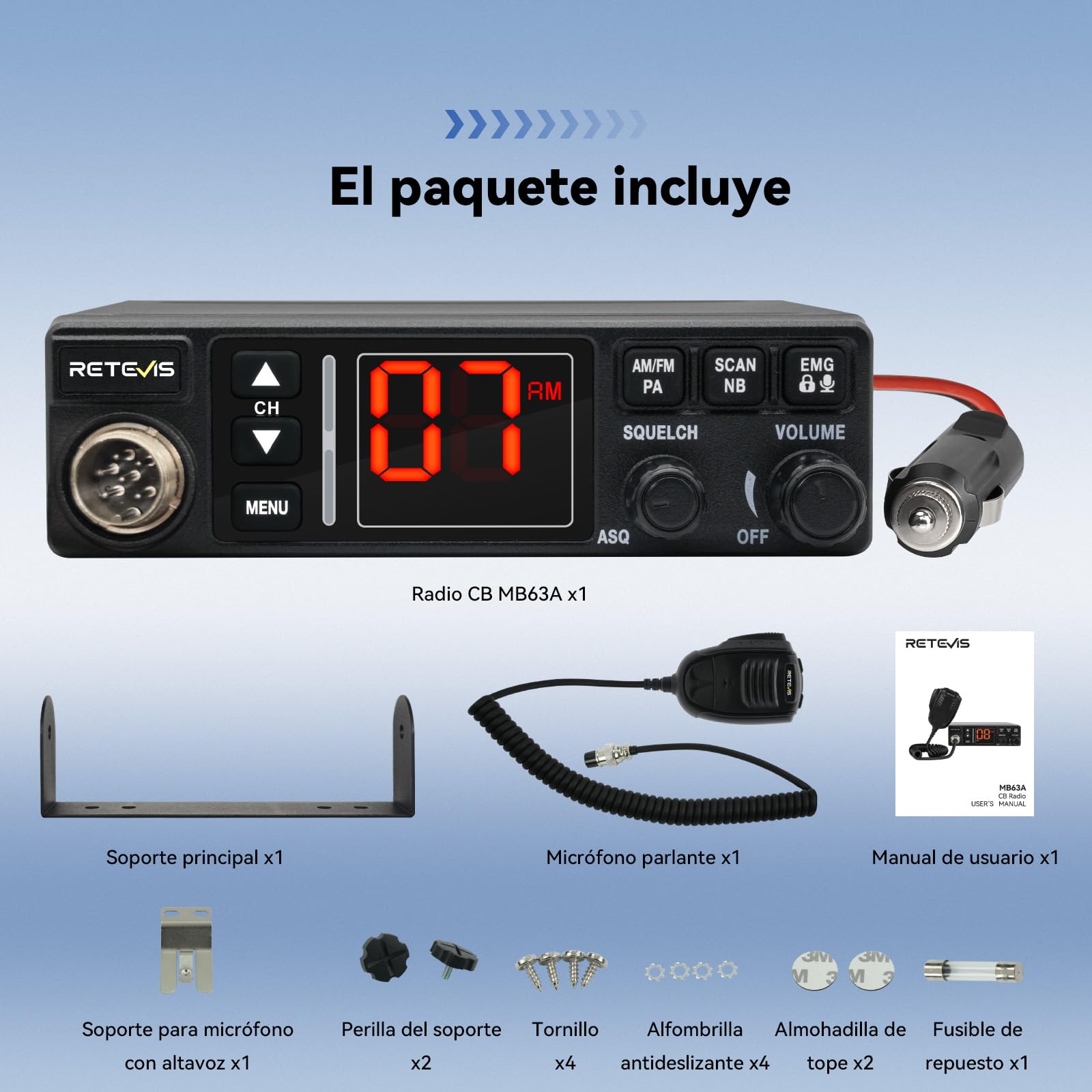 ‌Retevis MB63A Radio CB, Emisora CB Am/FM con Filtro de Ruido (NB/ANL), Sistema de Refrigeración, Enchufe de Mechero, Compatible 12V/24V, Megafonía, VOX, Emergencia CH9 para Camiones