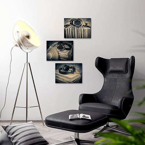 Miniatura 6 de Canvbay 3 piezas de lienzo de música para auriculares, arte de pared, diseño vintage de discos de vinilo, para el hogar, estudio, oficina, estirado